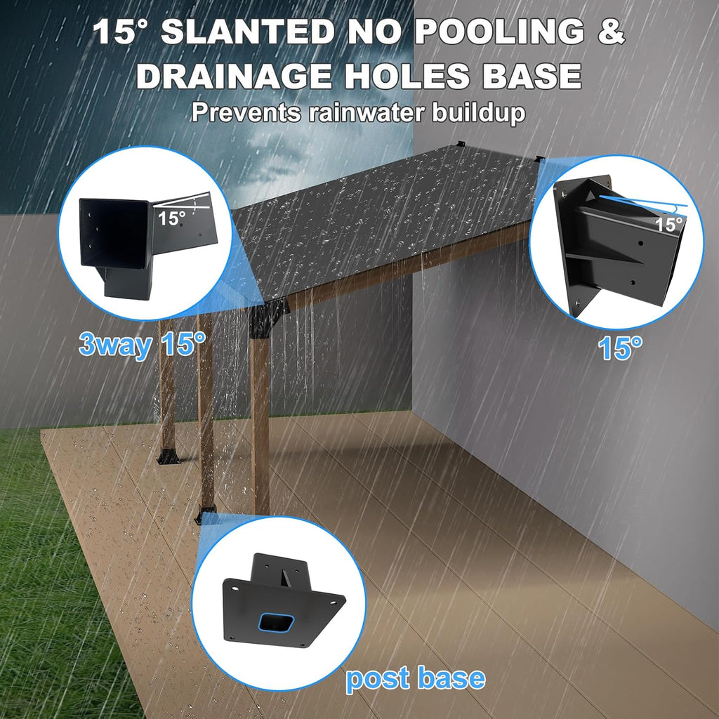 15° Angled Pergola Kit 4x4(Inner 3.64x3.64), 2PC 3-Way Slanted Pergola Roof Bracket, Post Base-Lean Corner Bracket Kit-DIY Gazebo Brackets-Hardware Kit for Outdoor Wood Beams Sunroom Carport Cabin