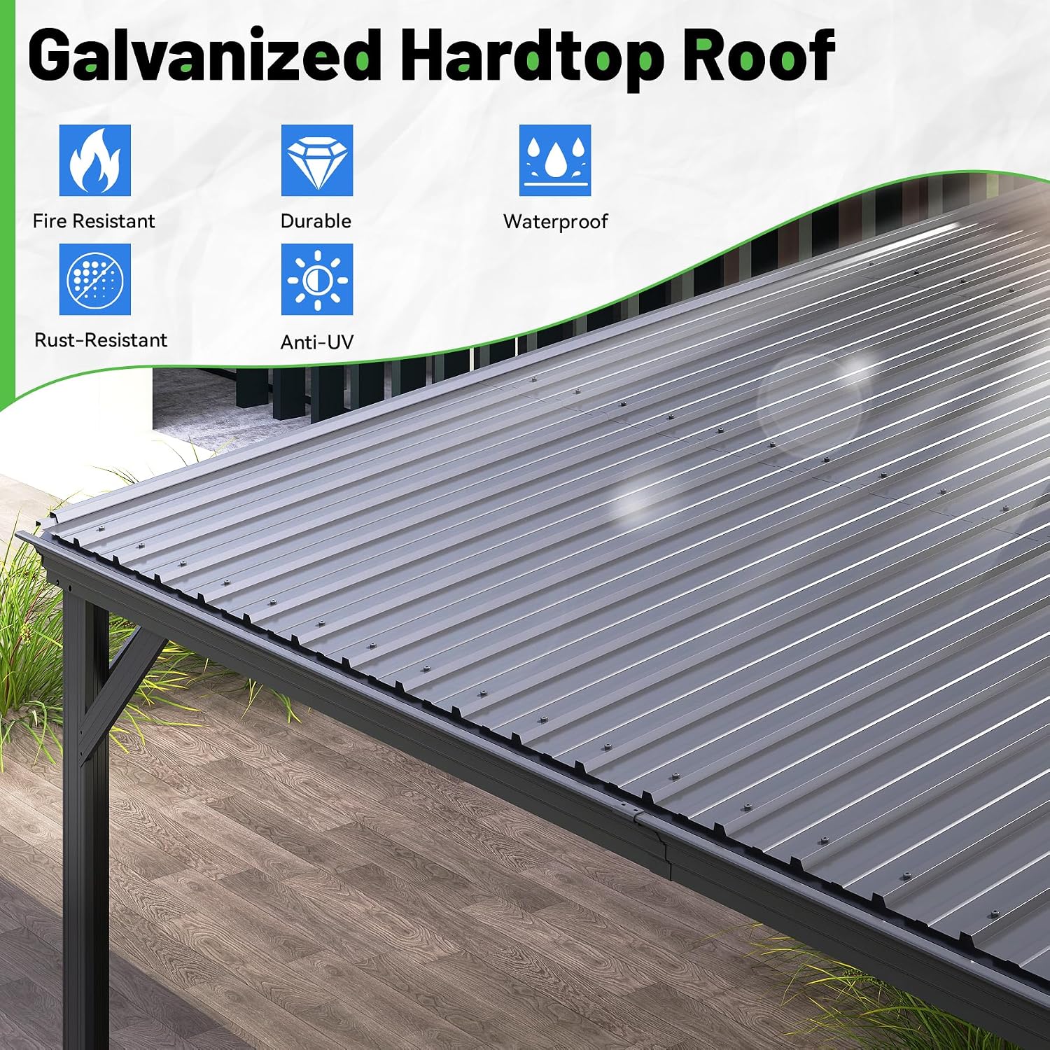 8x10FT Lean to Gazebo, Outdoor Metal Hardtop Wall Mounted Gazebo with Gutter & Sloping Galvanized Steel Roof, Hard Top Awnings/Shelter for Deck, Porch, Backyard