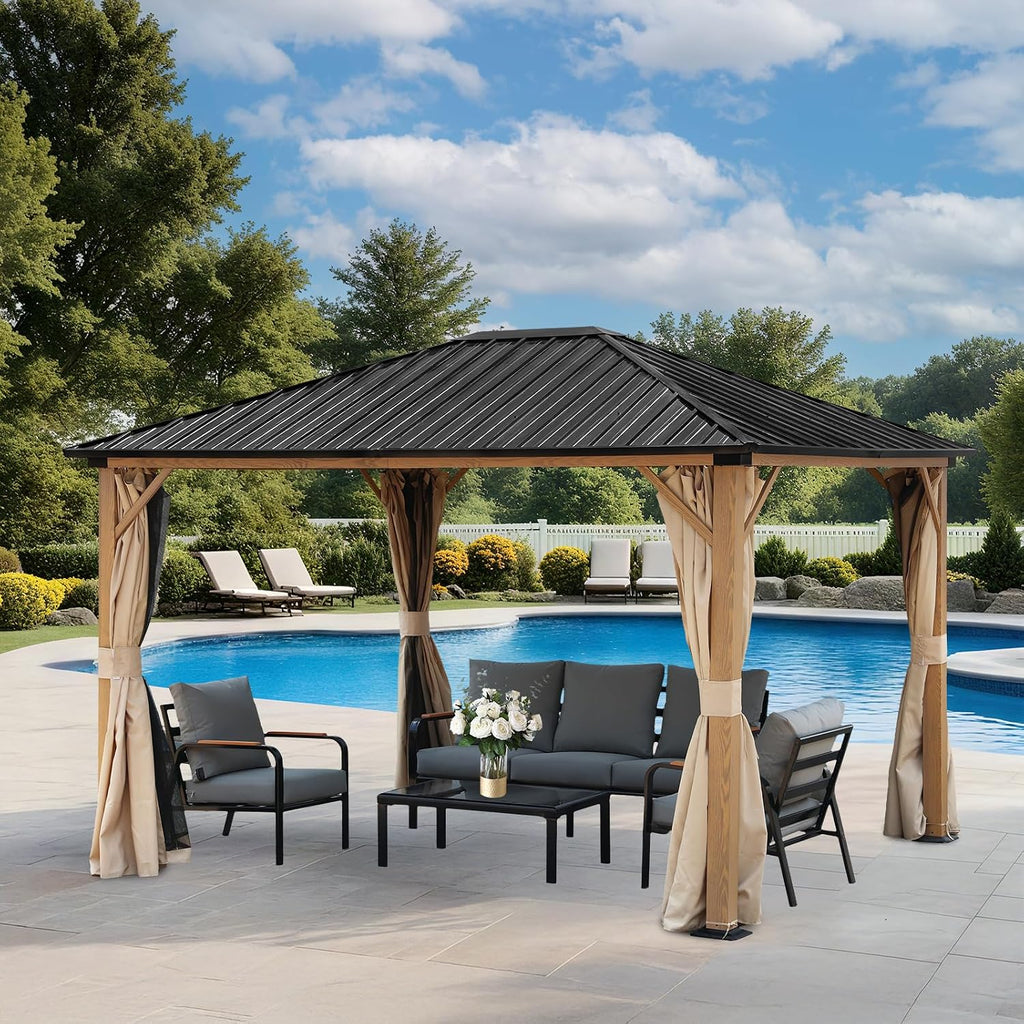 Aoodor 10 x 12 ft. Outdoor Hardtop Gazebo, Wooden Finish Coated Aluminum Frame Gazebo with Curtains and Mosquito Nettings for Patio, Garden, Backyard