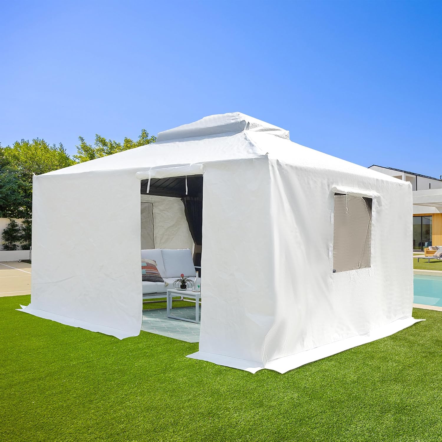 Domi 10' x 10' Winter Gazebo Cover, All Season Universal Waterproof Enclosed Cover with Sidewalls & Mesh Windows for Hardtop Gazebos, Heavy Duty All-Weather Outdoor Protection (White)