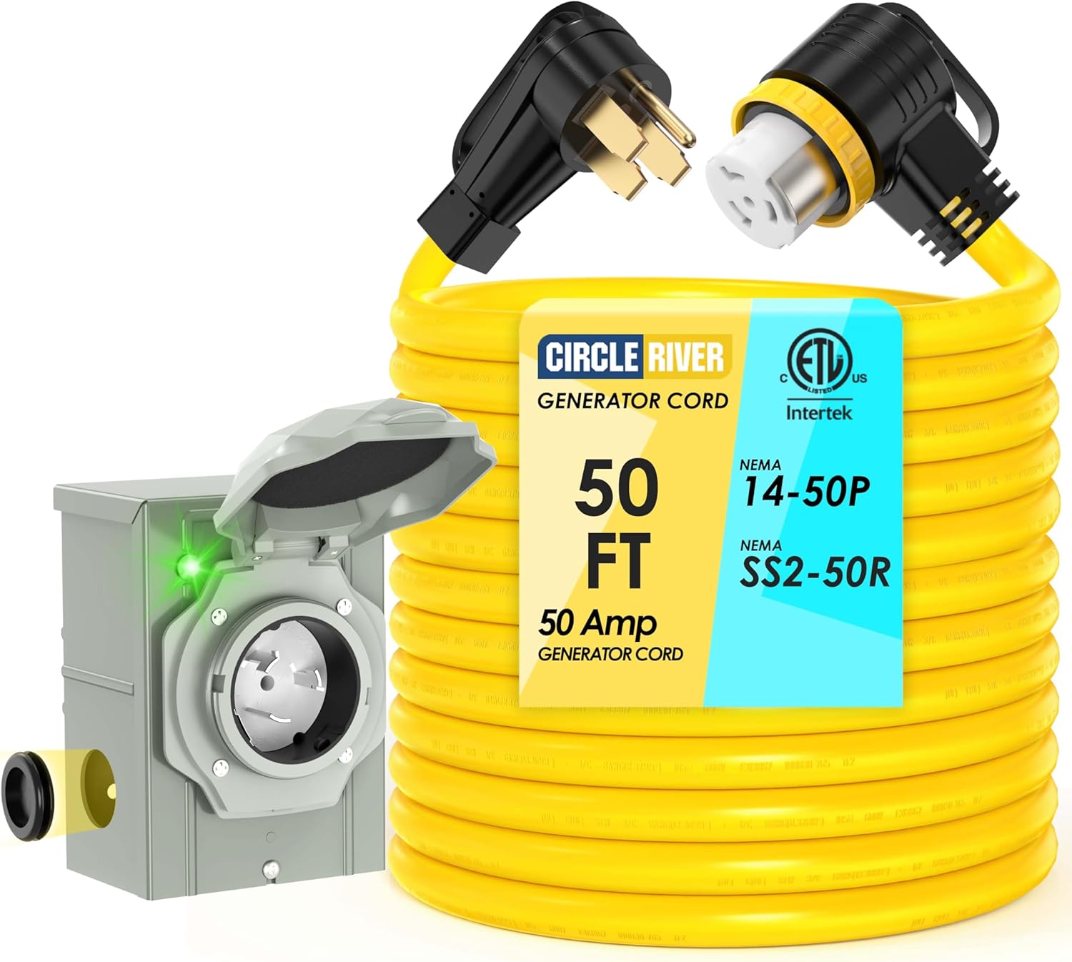 50 Amp 50FT Generator Cord and Power Inlet Box Combo Kit NEMA 14-50P Male to SS2-50R STW 6/3+8/1 AWG 125/250V Newly Designed 90 Degree Grip Handle for Generator to House