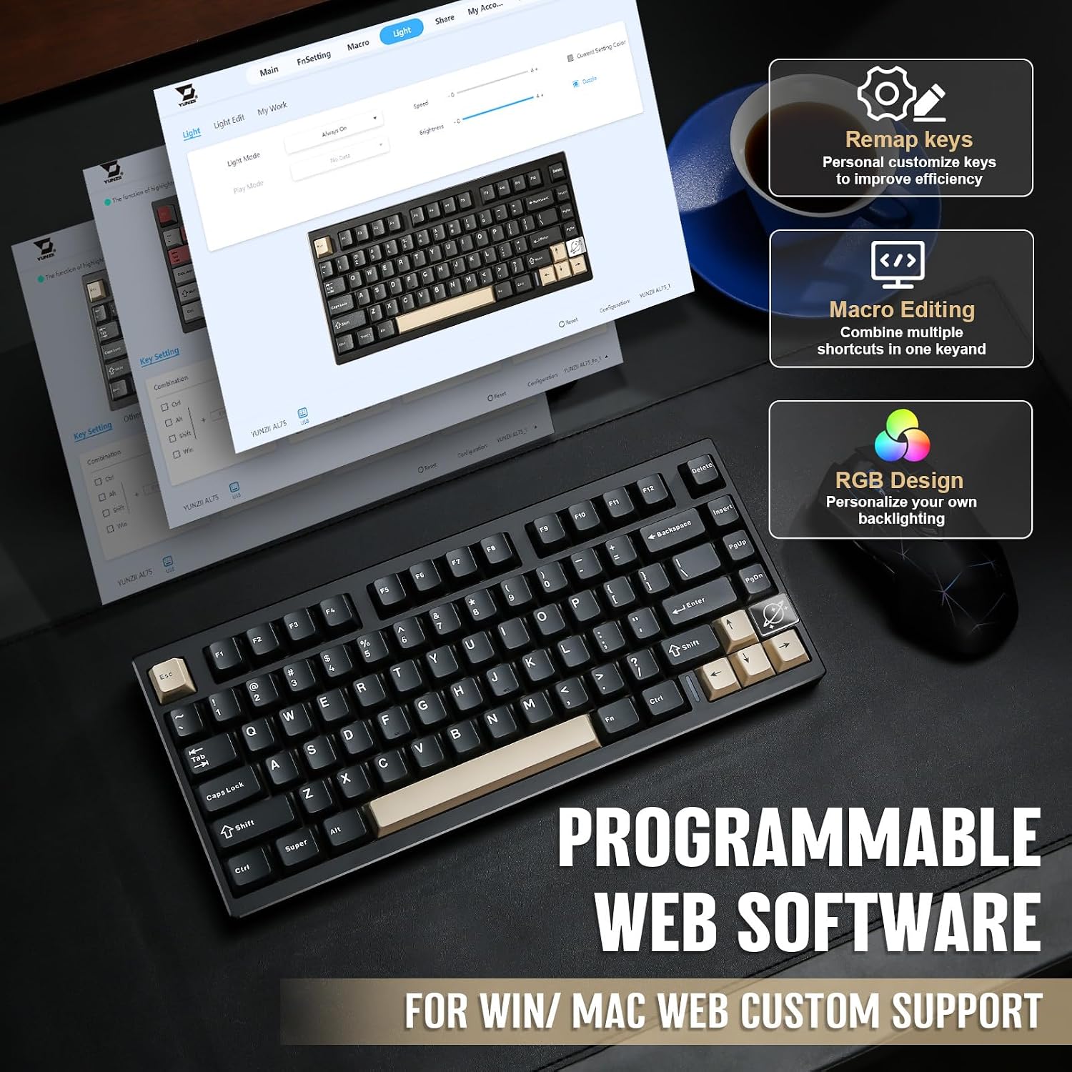 YUNZII AL75 PRO 75% Wireless Mechanical Gaming Keyboard,Full Aluminum CNC,BT/2.4G/Wired,PBT Keycaps,Gasket Mounted Hot Swap,Custom RGB Backlight, Programmable for Mac/Win (Black, Gateron Zero)