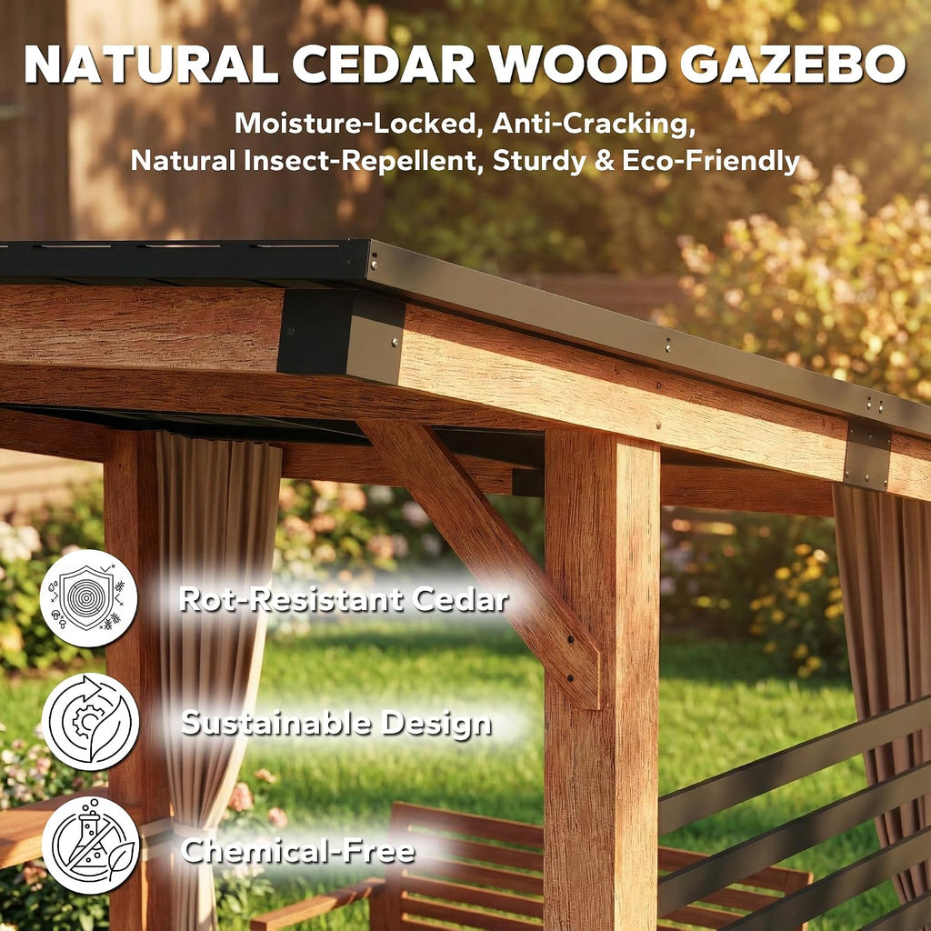 10x12 Cedar Wood Gazebo - Galvanized Steel Frame, Weatherproof Sloping Metal Hardtop with Privacy Screens | Permanent Patio Gazebo for Backyard Grilling & Outdoor Gatherings
