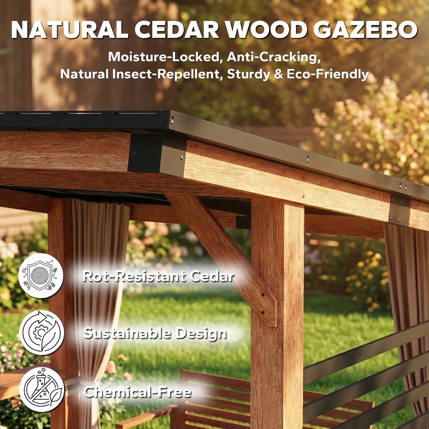 10x12 Cedar Wood Gazebo - Galvanized Steel Frame, Weatherproof Sloping Metal Hardtop with Privacy Screens | Permanent Patio Gazebo for Backyard Grilling & Outdoor Gatherings
