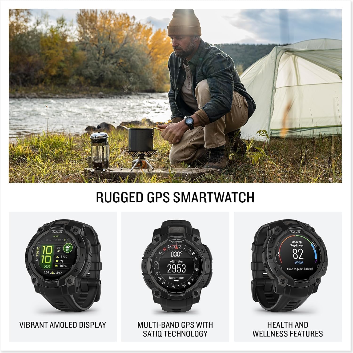 PlayBetter Garmin Instinct 3 Alpine Rush AMOLED (Fern Green, 50 mm) Outdoor GPS Smartwatch Gift Box Bundle - Built-in Flashlight, 24/7 Health & Wellness Screen Protectors, Wall Adapter & Case