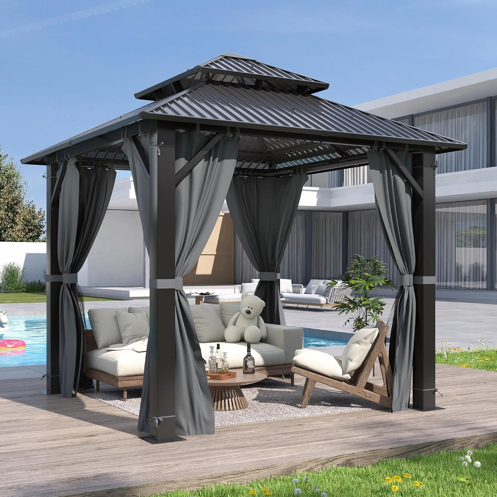 GARTOO 8.5x8.5FT Outdoor Hardtop Gazebo - Aluminum Heavy-Duty Steel Top Gazebo with Breathable Netting & Privacy Curtain, Double Roof Gazebos for Patio, Porch, Garden, Lawn, Deck, Backyard