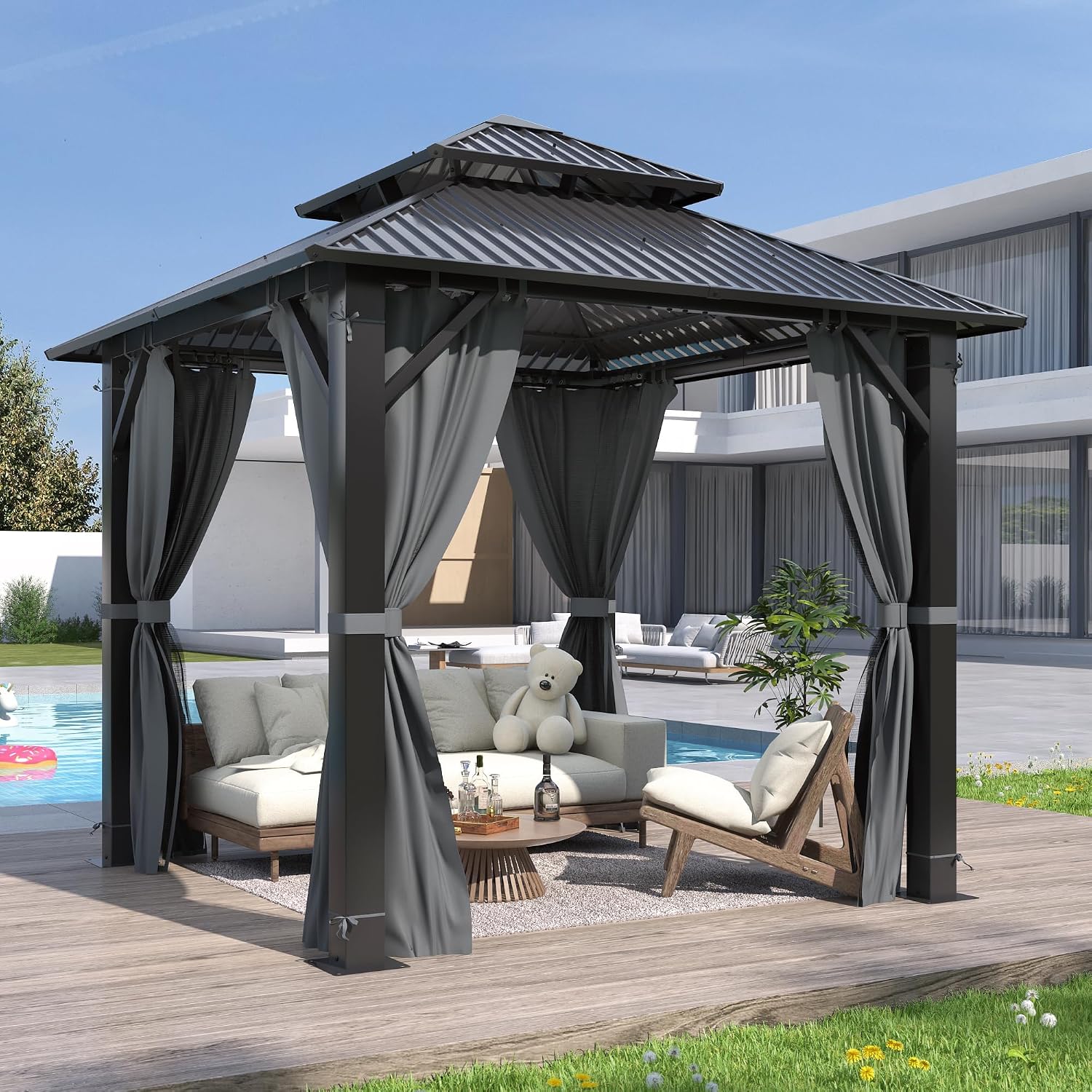 GARTOO 8.5x8.5FT Outdoor Hardtop Gazebo - Aluminum Heavy-Duty Steel Top Gazebo with Breathable Netting & Privacy Curtain, Double Roof Gazebos for Patio, Porch, Garden, Lawn, Deck, Backyard