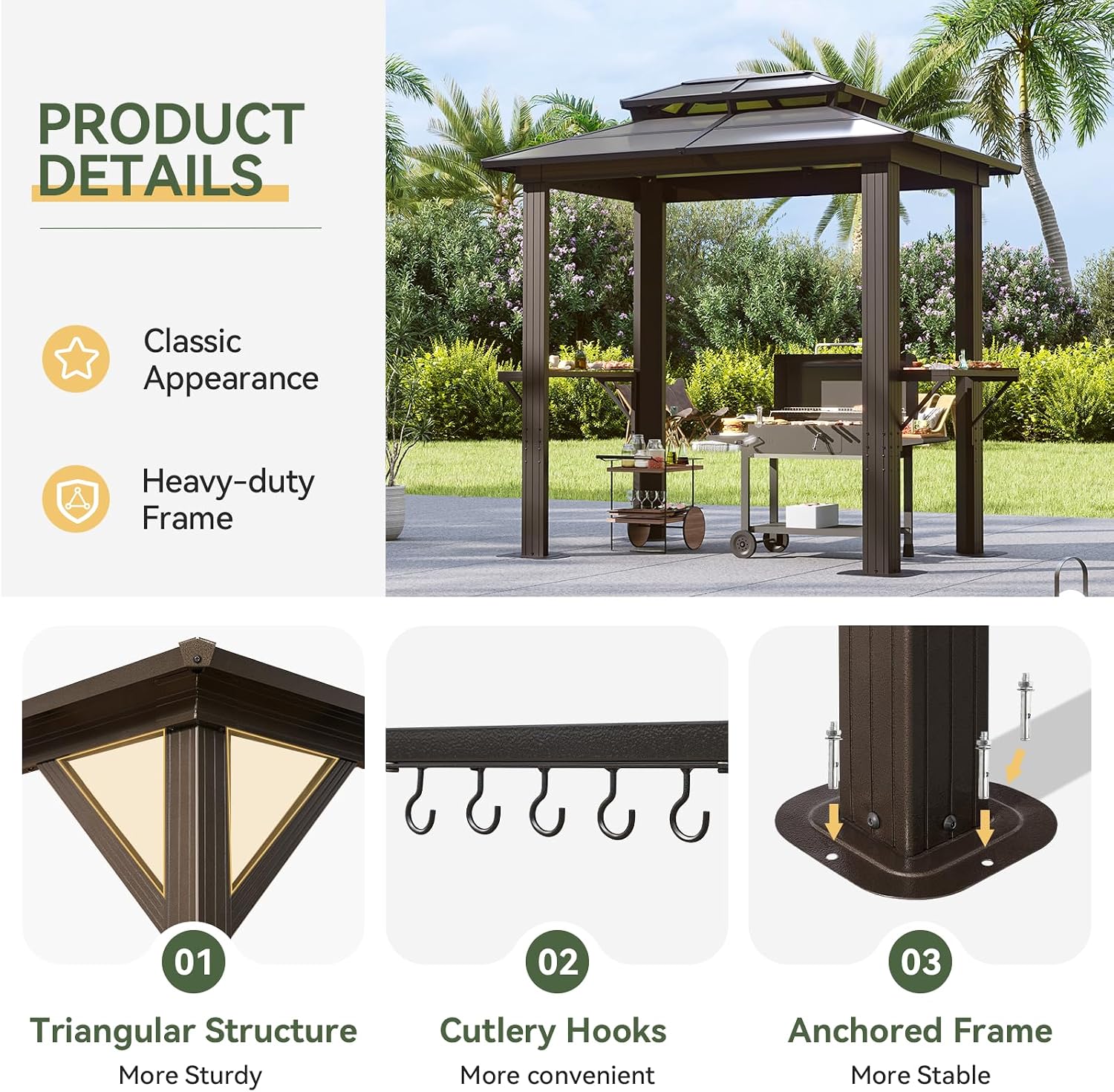 Aoxun Grill Gazebo 8 x 5FT, Outdoor Barbecue Gazebo with Double Polycarbonate Top, Aluminum Grill Canopy with Shelves for Patio, Lawn, Garden