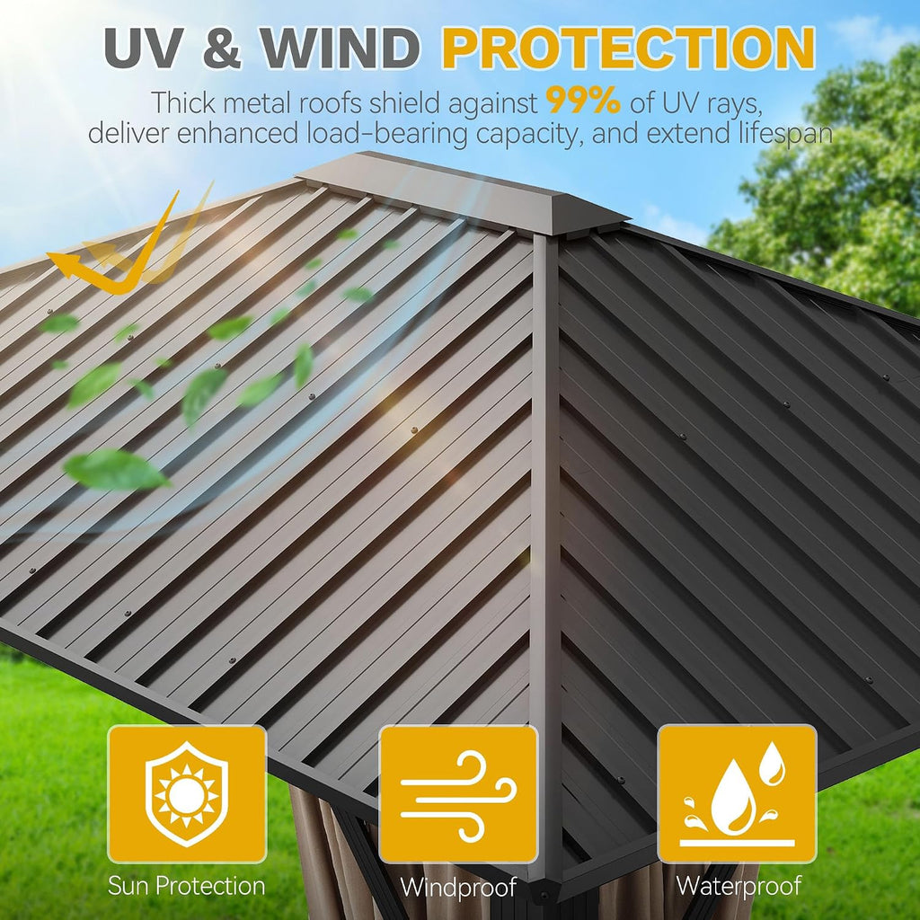 DWVO 10x12ft Gazebo Hardtop with Nettings and Curtains, Heavy Duty Galvanized Steel Outdoor Vertical Stripes Roof for Patio, Backyard, Deck, Lawns, Brown