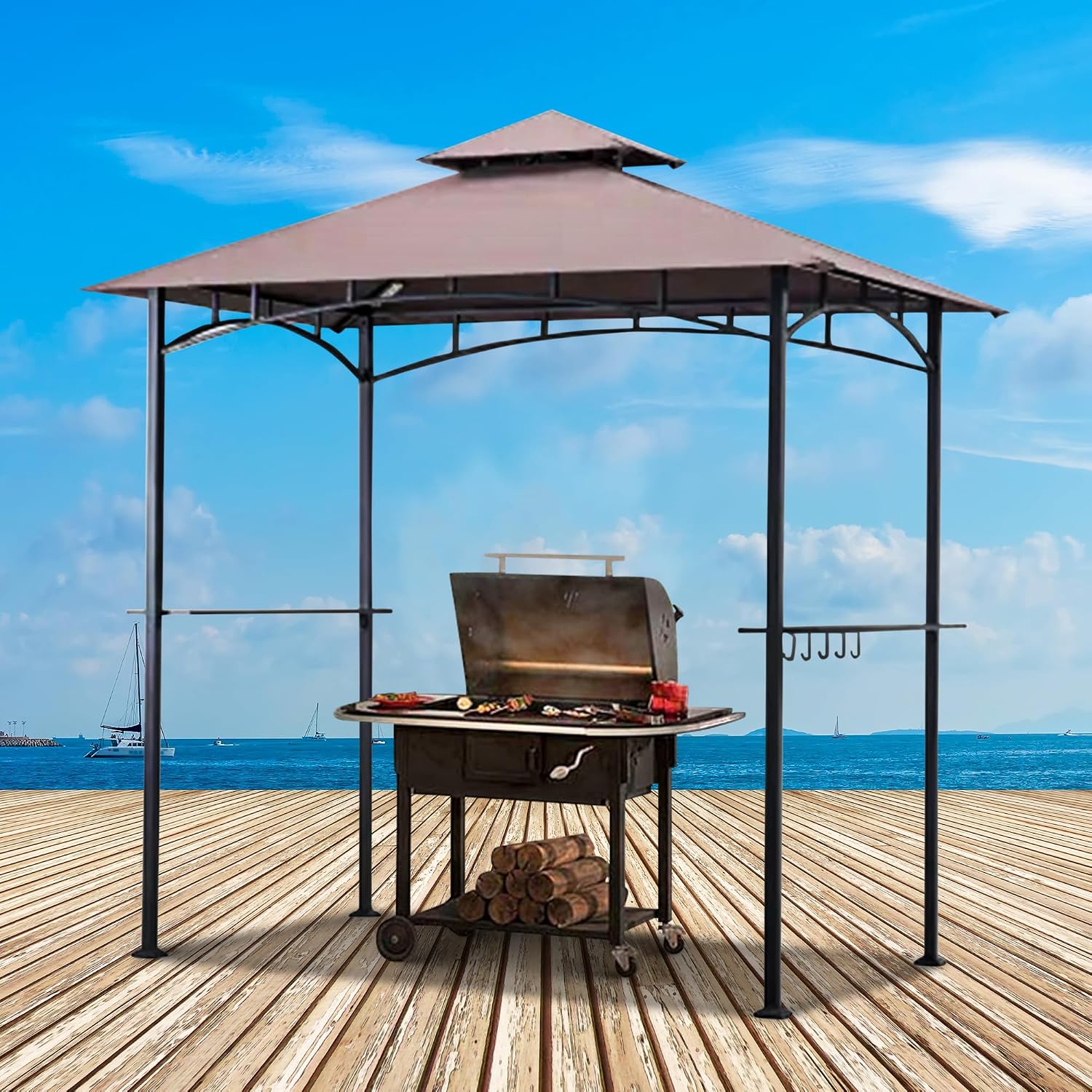 Four Seasons Courtyard BBQ Grill Gazebo with LED Lights, 2 Glass Shelves, and Powder Coated Steel Frame for Backyard Lawn and Outdoor Use, Brown