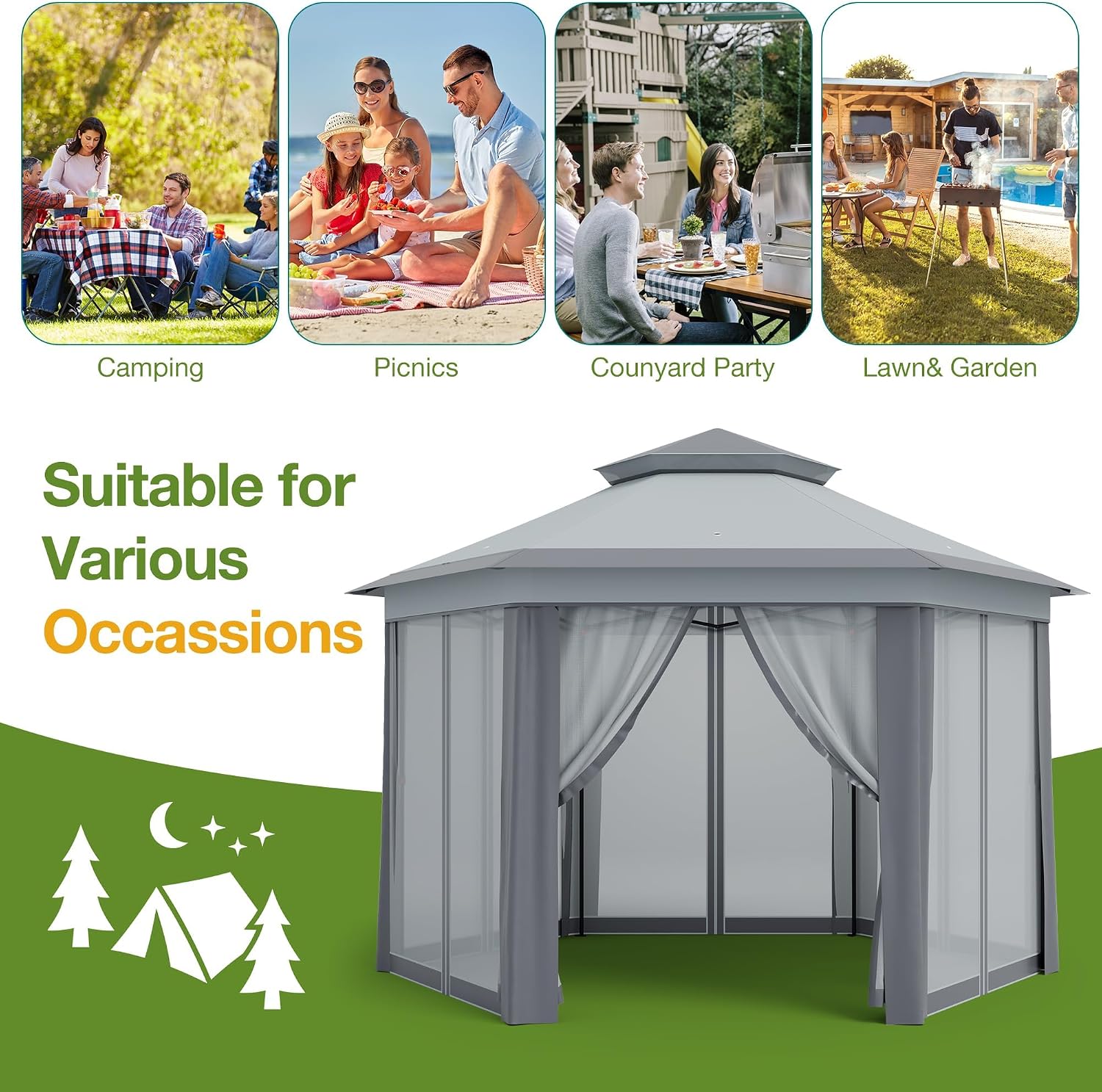 13 x 13FT Pop Up Gazebo, Instant Backyard Canopy Tent with Mosquito Net & Double Roof, Pop-Up Gazebo Canopies Adjustable Height for Patio, Party, Gray