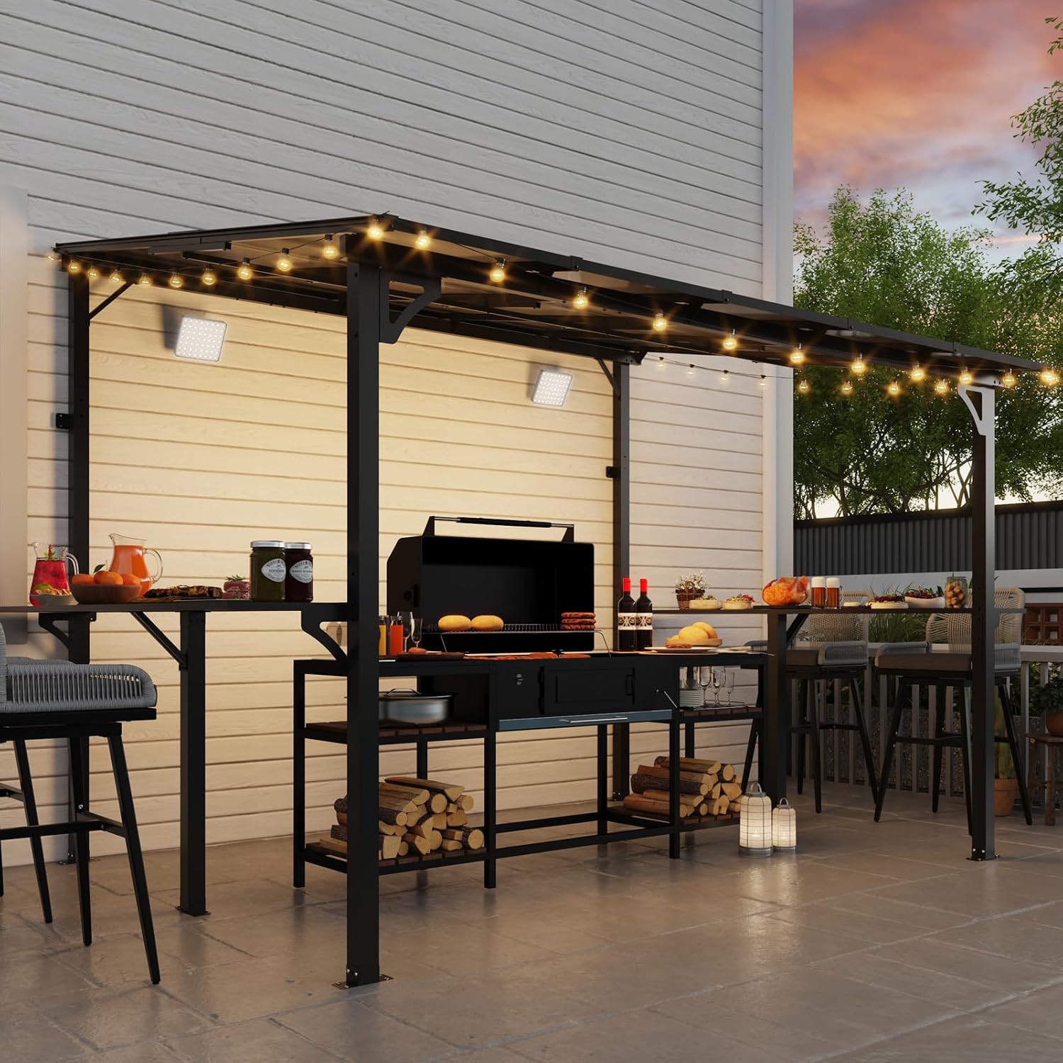 MEISSALIVVE 8' x 10' Wall Mounted Gazebo, Outdoor BBQ Grill Gazebo with Side Shelf, Lean to Metal Awnings with Sloped Roof, Heavy Duty Pergola for Backyard, Deck, Black