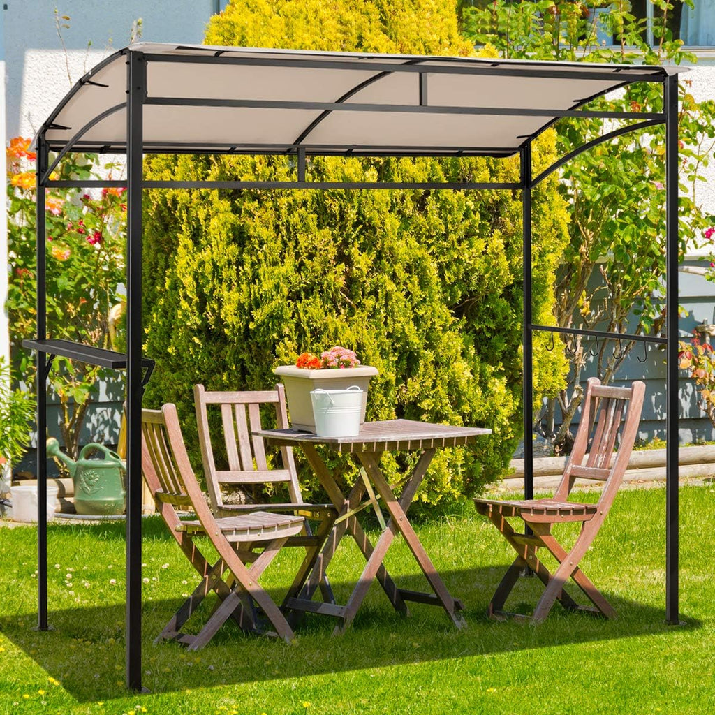 LDAILY Grill Gazebo, 7x4.4ft BBQ Canopy Shelter with Storage Shelf and Hooks, Heavy-Duty Steel Frame, Grill Pergola with Bottle Opener Notch, Small Gazebo for Backyard, Patio, Garden (Beige)