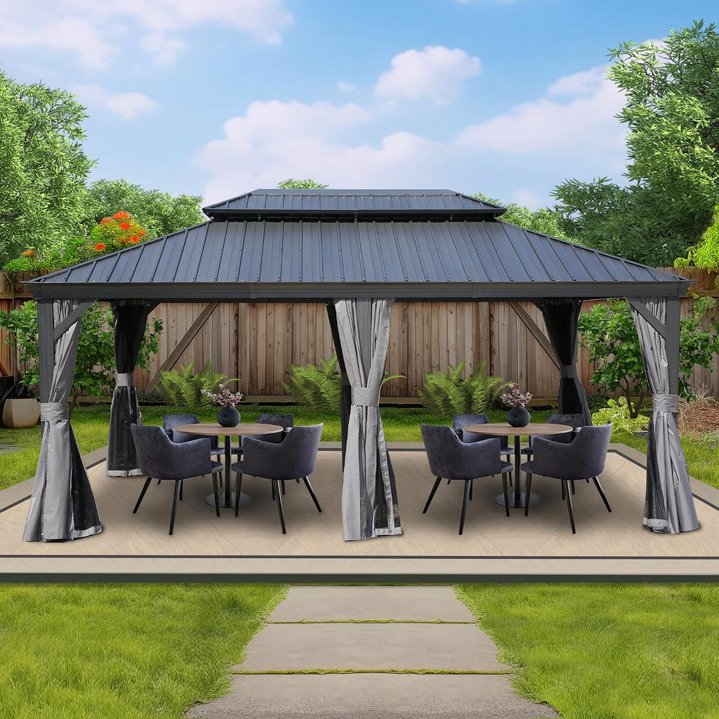 Kozyard Alexander 12' x 18' Hardtop Gazebo, Aluminum Frame with Galvanized Steel Double Roof, Outdoor Permanent Pavilion with Curtains and Netting for Patio, Backyard, Deck, Lawn(Gray)