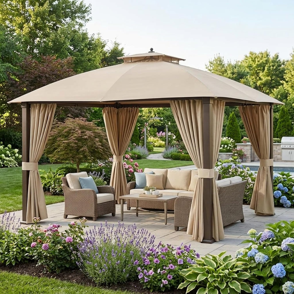 Garden Winds Durable 350 Replacement Privacy Curtain Set Compatible with Broyhill Eagle Brooke Ashford 10' x 12' Gazebo Models A101007600, A101007603, A101007604 - Beige