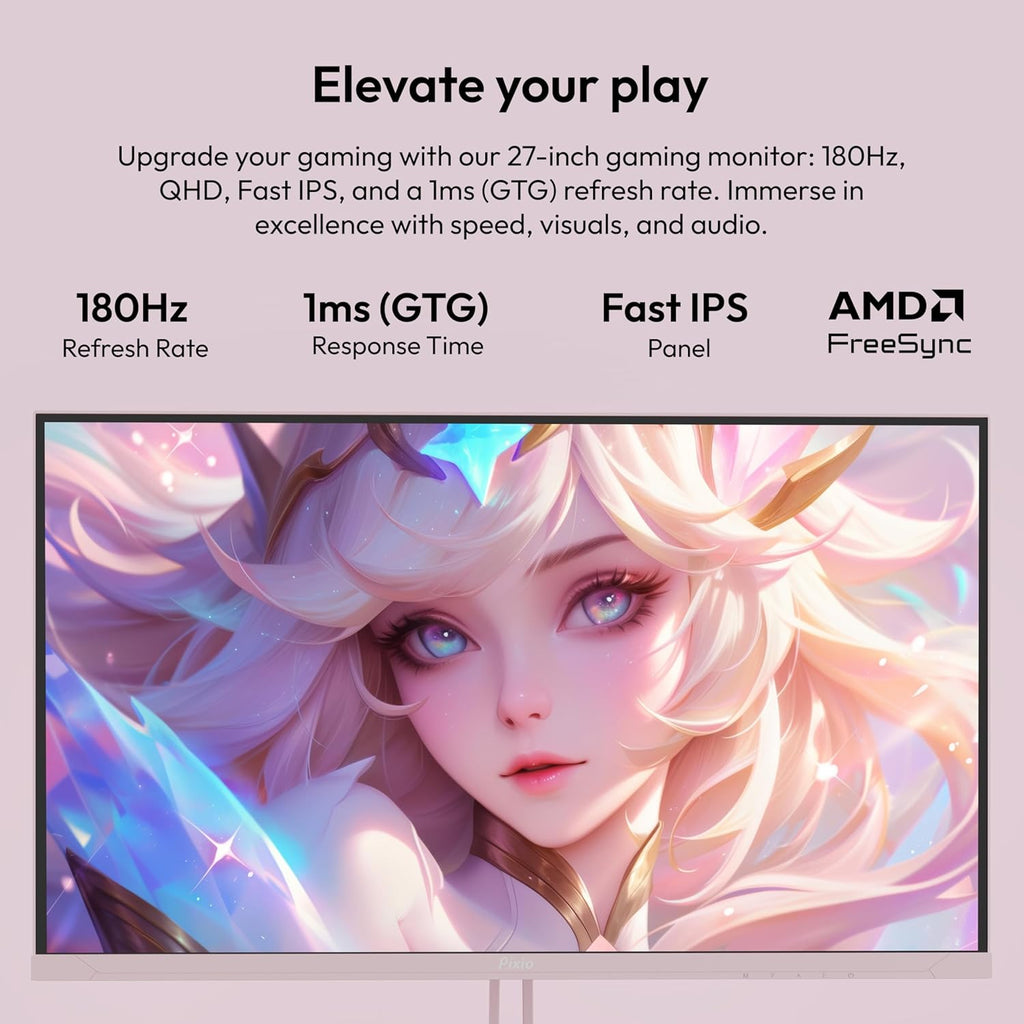 Pixio PX278 Wave Pink 27 inch 180Hz Refresh Rate Quad HD 1440p Resolution Fast IPS Panel 1ms GTG Response Time Built-in Speakers Gaming Monitor with AMD FreeSync