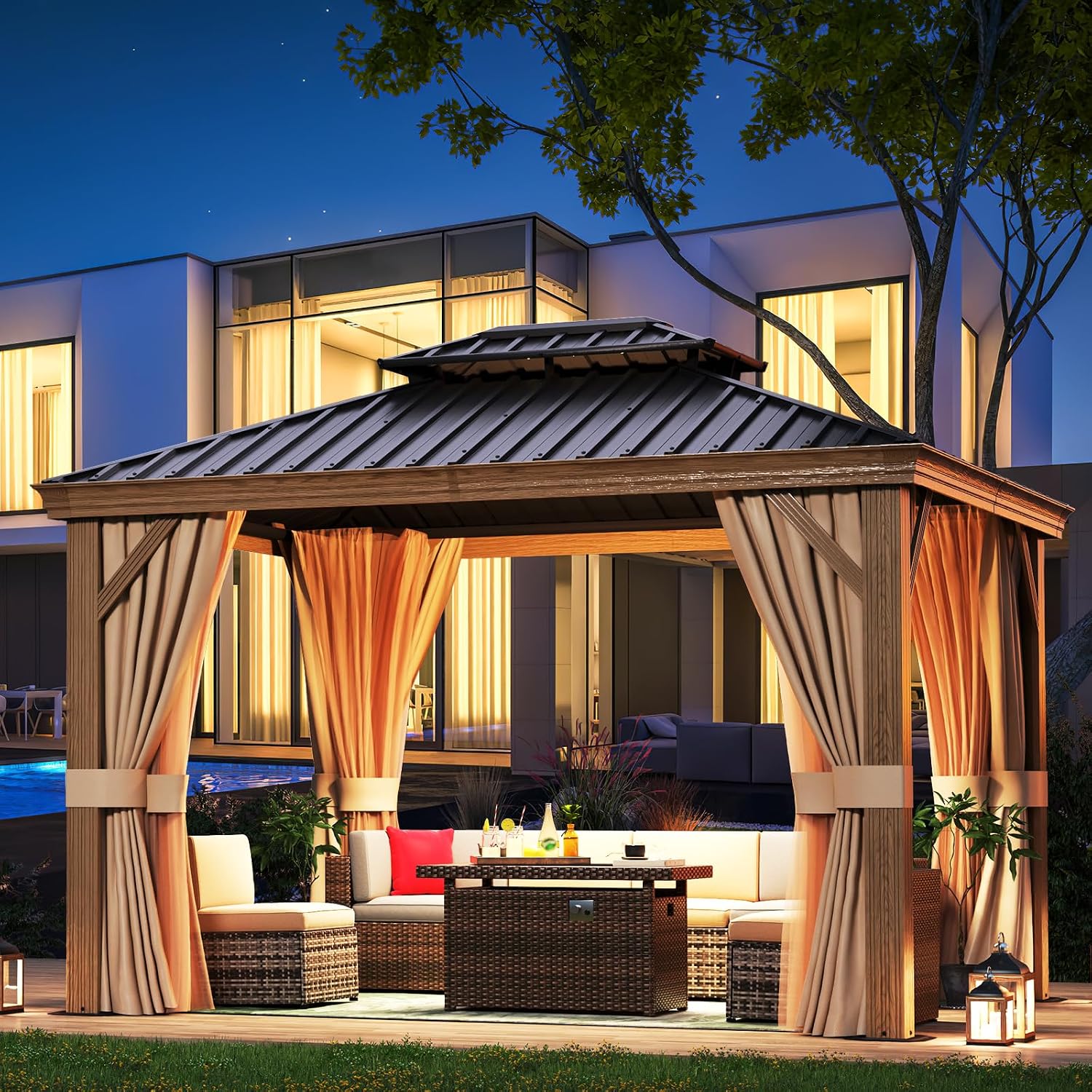 Aoxun 10' x 12' Gazebo, Wooden Finish Coated Aluminum Frame Canopy with Dual-Layer Galvanized Steel Hardtop Top, Outdoor Metal Gazebo with Privacy Curtains and Netting, for Deck, Patio and Backyard