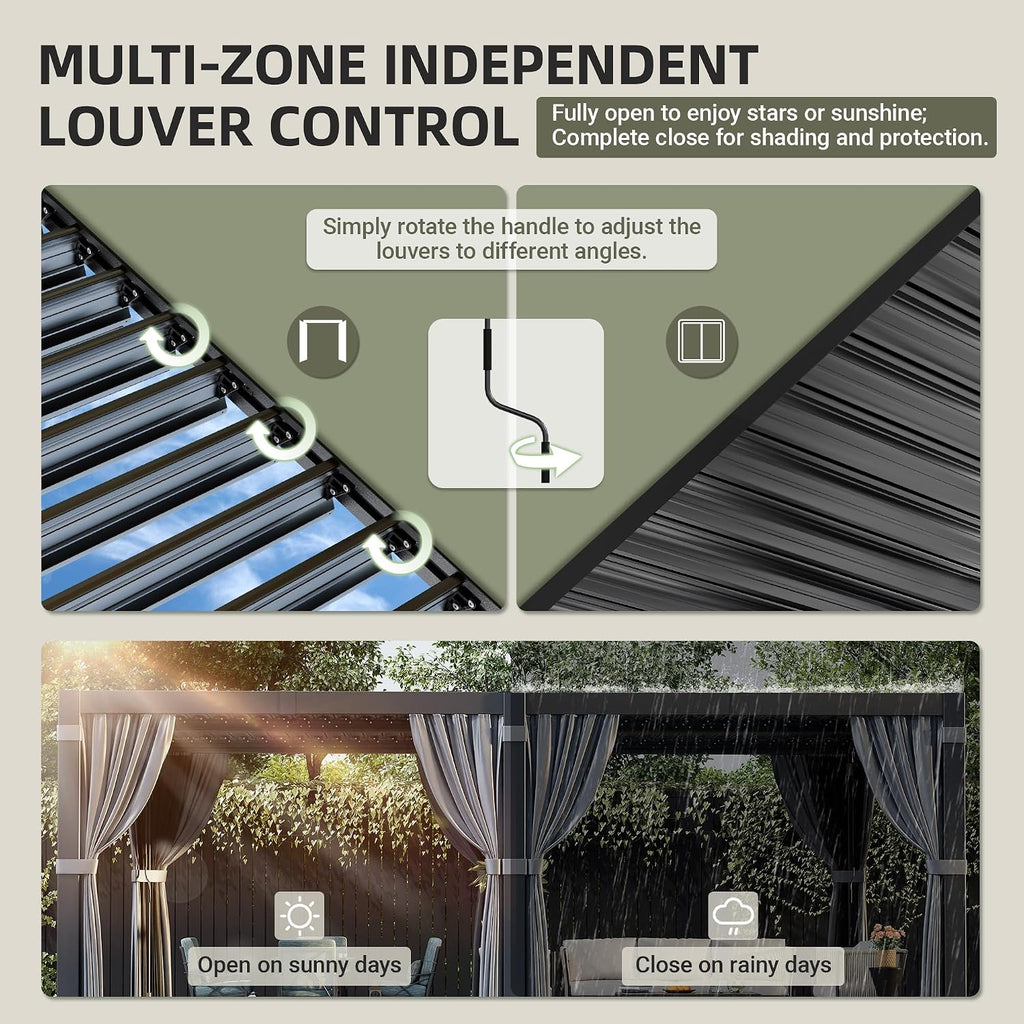 Airwire 12'x20' Louvered Pergola, Outdoor Pergola with 2 Independent Adjustable Roof and Drainage System, Aluminum Pavilion with Curtains & Netting, Hardtop Gazebo for Patio, Deck, Garden, Gray