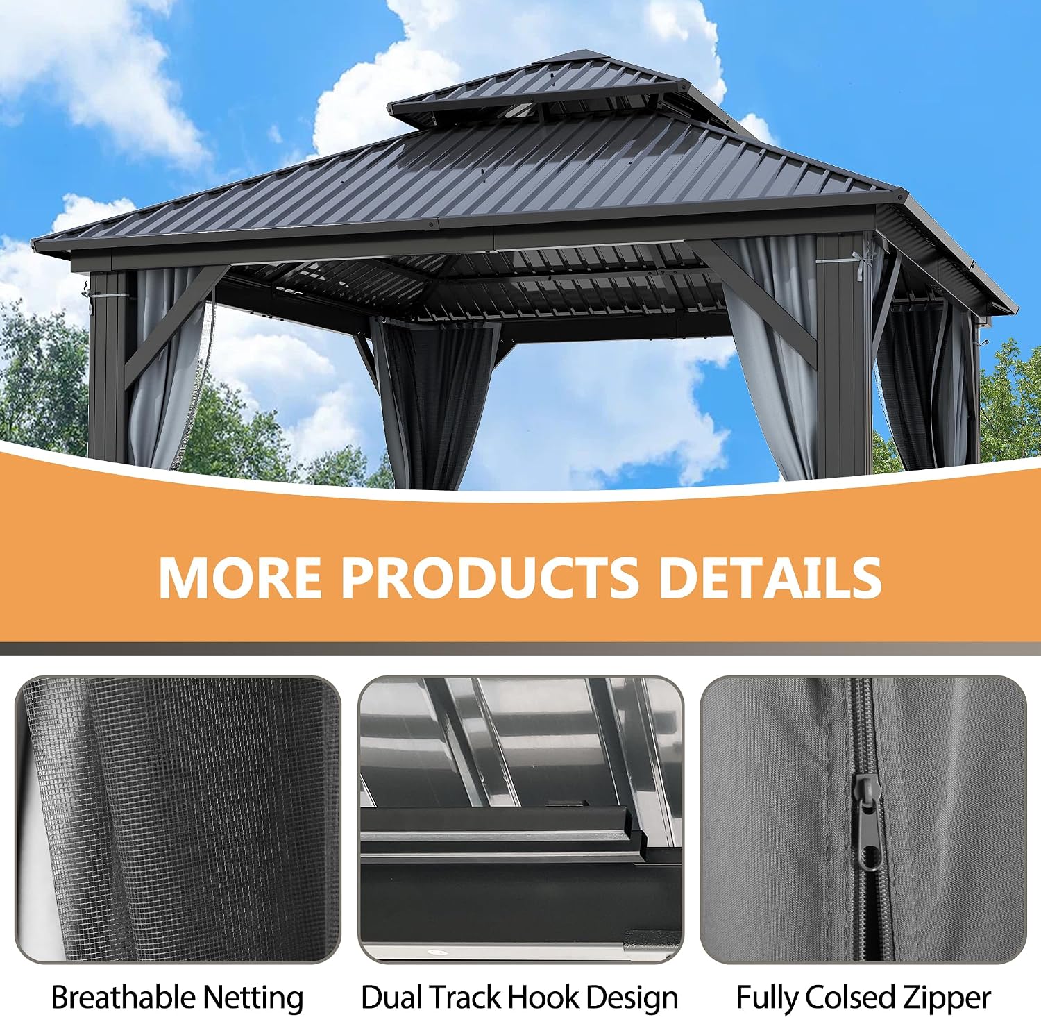 10'x10' Hardtop Gazebo, Outdoor Double Roof Galvanized Steel Gazebos, Aluminum Frame Permanent Pavilion with Curtains & Netting for Backyard, Patio, Deck