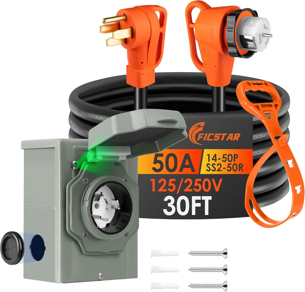 30FT 50 Amp Generator Cord and Power Inlet Box Kit, NEMA 14-50P to SS2-50R Generator Extension Cord, Pre-Drilled 50 Amp Generator Inlet Box with STW Wire, 125/250V, 12500W;UL&ETL Listed
