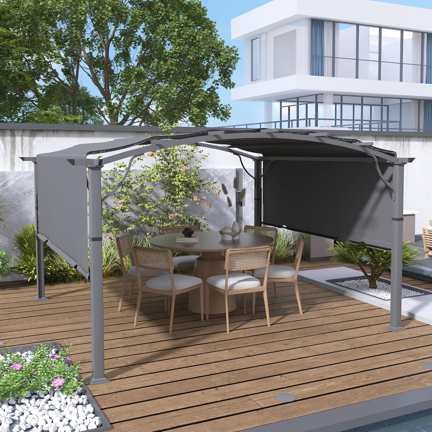 12' x12' Arched Outdoor Pergola for Deck, Outdoor Retractable Pergola with Adjustable Canopy, Aluminum Frame with Canopy Fixed in Various Positions (Grey)