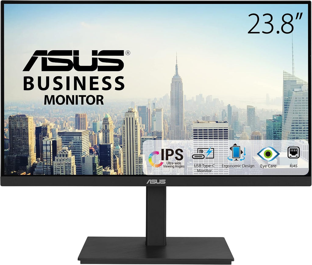 ASUS 23.8' 1080P Docking Monitor (VA24ECPSN) - Full HD, IPS, 75Hz, Adaptive-Sync, Speakers, Eye Care, Low Blue Light, Flicker Free, USB-C, RJ45, HDMI, Frameless, Height Adjustment, VESA Wall Mountable
