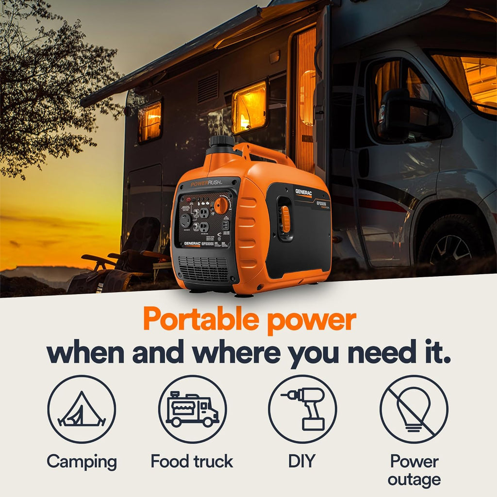 Generac 3,300-Watt Gas Powered Portable Inverter Generator - Lightweight and Compact - USB Ports for Device Charging - Produces Clean, Stable Power - Great for Home Backup, Camping, and RV Use