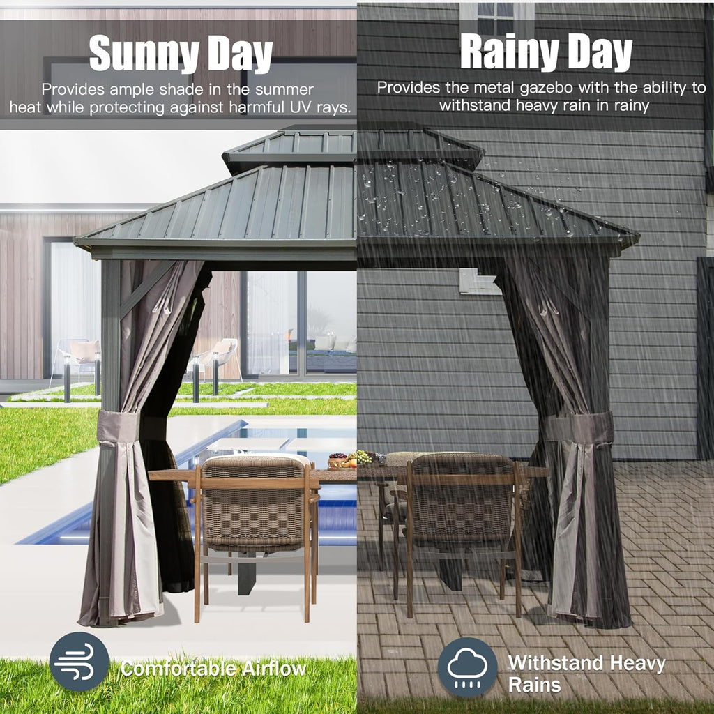 Domi 8' x 10' Hardtop Gazebo Permanent Metal Gazebo with Galvanized Steel Double Roof, Curtains and Netting for Party, Wedding, Outdoor Dining, Patio, Backyard, Grey