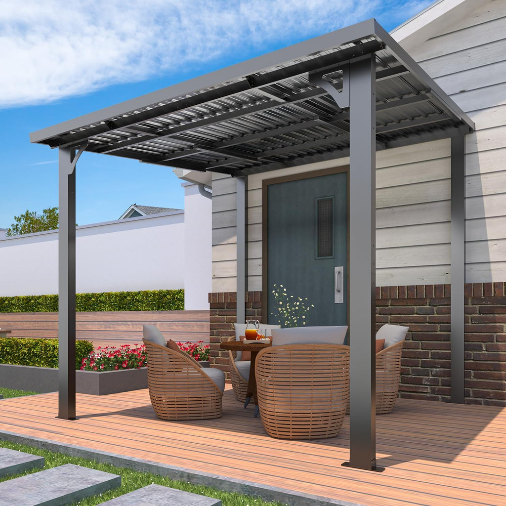 U-MAX 8' x 8' Outdoor Pergola Hardtop Gazebo, Wall-Mounted Heavy Duty Lean to Metal Awnings Gazebos on Clearance for Patio, Small Galvanized Steel Pergolas and Gazebo for Outdoor Use