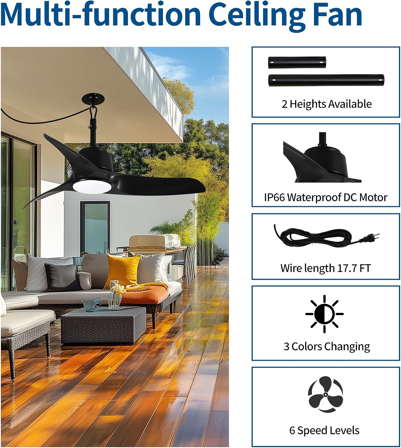 42' Outdoor Ceiling Fans with Lights, IP66 Wet Rated Waterproof Ceiling Fan with Remote Control, 6-Speed DC Motor, Farmhouse Gazebo Fan for Porch Patios Pavilion (Black)