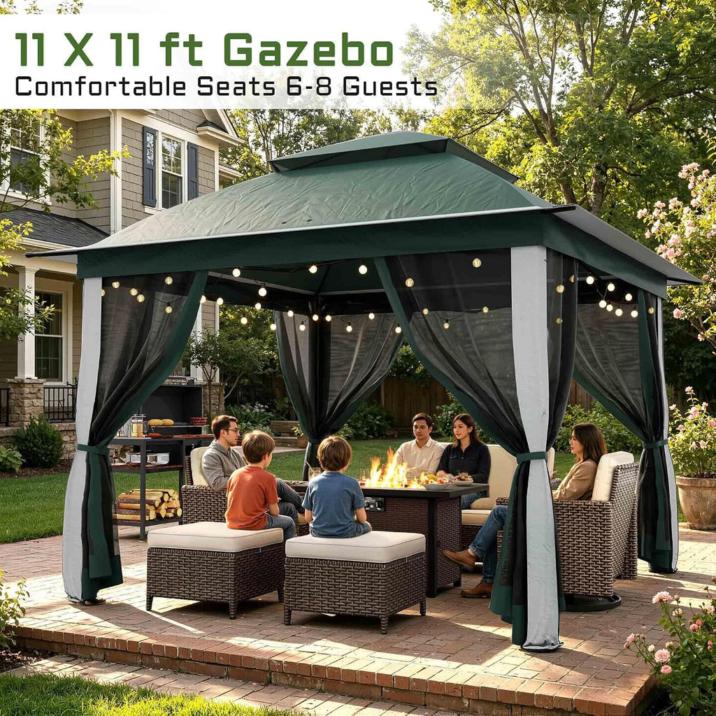 11'X11' Gazebo Pop Up with 4 Sidewalls Mosquito Netting, Heavy Duty Patio Gazebo Canopy Tent with Double Air Roofs for Backyards, Patios, Decks, Gardens, Parks