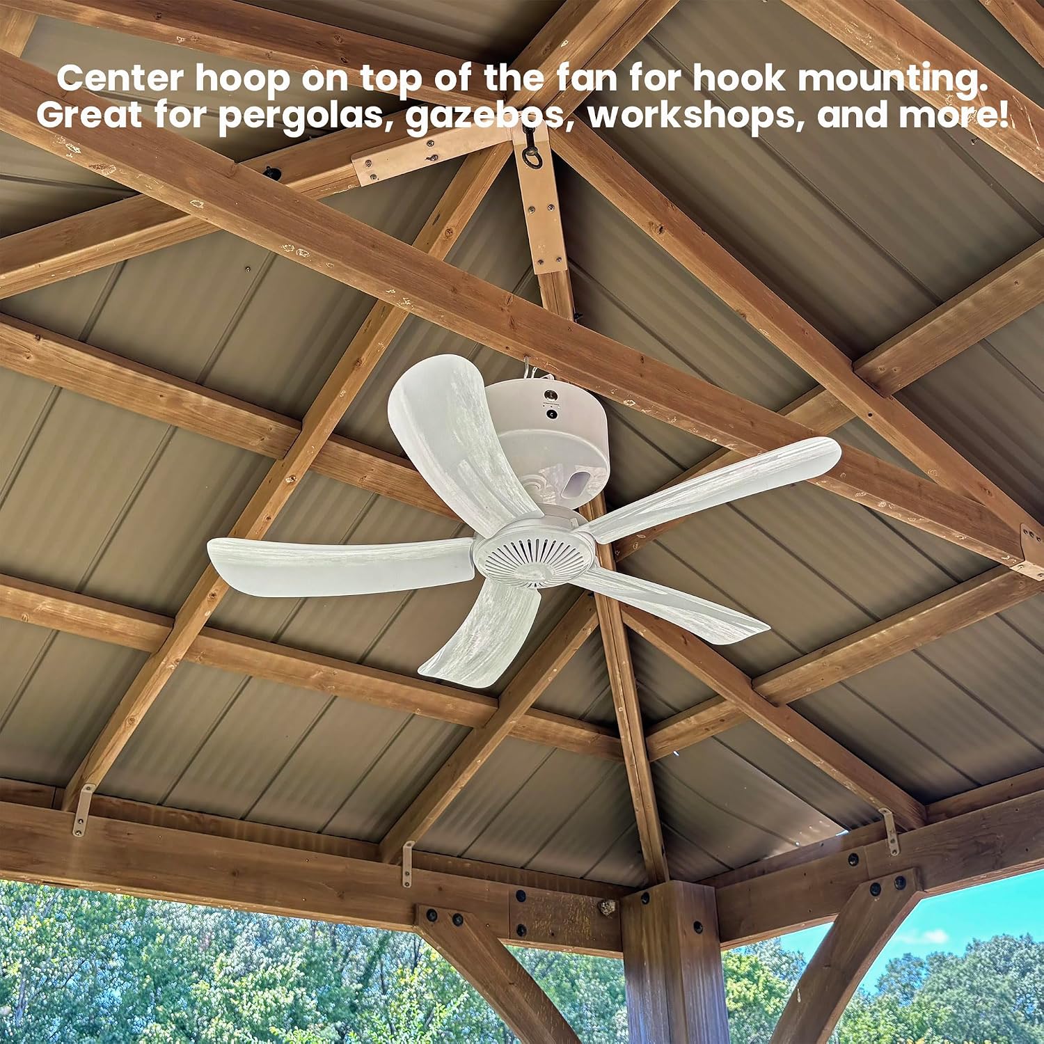 CB305 Large 31' Rechargeable Ceiling Fan for Canopies, Gazebos, Pergolas, Workshops & More. 6-Hour Run Time, Portable with Travel Case, Remote Control (Gold)
