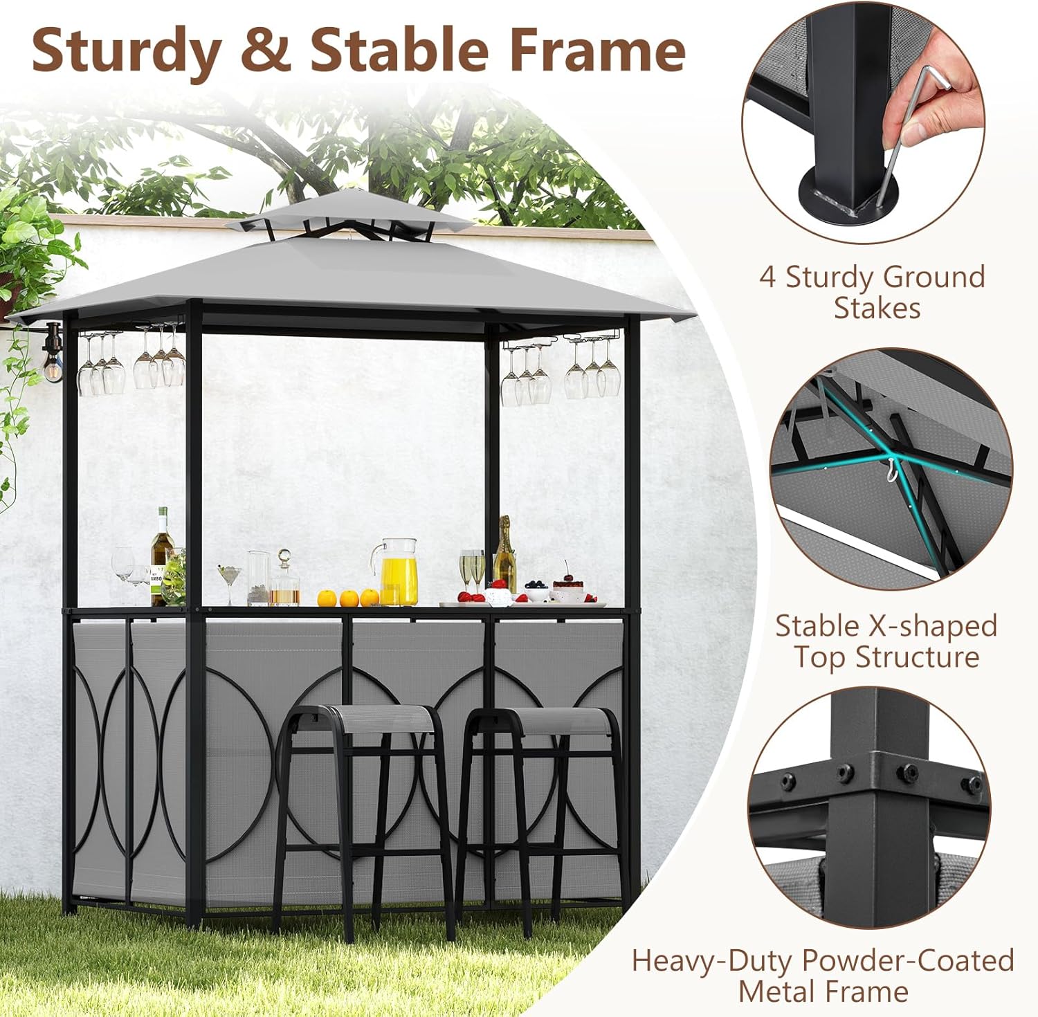 Tangkula 3-Piece Patio Bar Set, Grill Gazebo & 2 Bar Stools with Tempered Glass Bar Table, Metal Storage Shelves, Glass Holders, Double-Tier Soft Top Canopy BBQ Gazebo Shelter for Patio Garden (Grey)