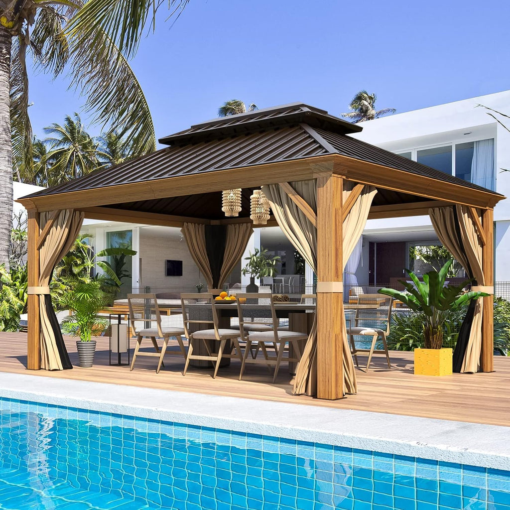 MELLCOM 12' x 14' Hardtop Gazebo, Wooden Finish Coated Aluminum Frame Gazebo with Galvanized Steel Double Roof, Outdoor Permanent Metal Pavilion with Curtains and Nettings for Patio, Lawn & Garden