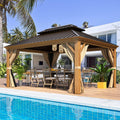 MELLCOM 12' x 14' Hardtop Gazebo, Wooden Finish Coated Aluminum Frame Gazebo with Galvanized Steel Double Roof, Outdoor Permanent Metal Pavilion with Curtains and Nettings for Patio, Lawn & Garden