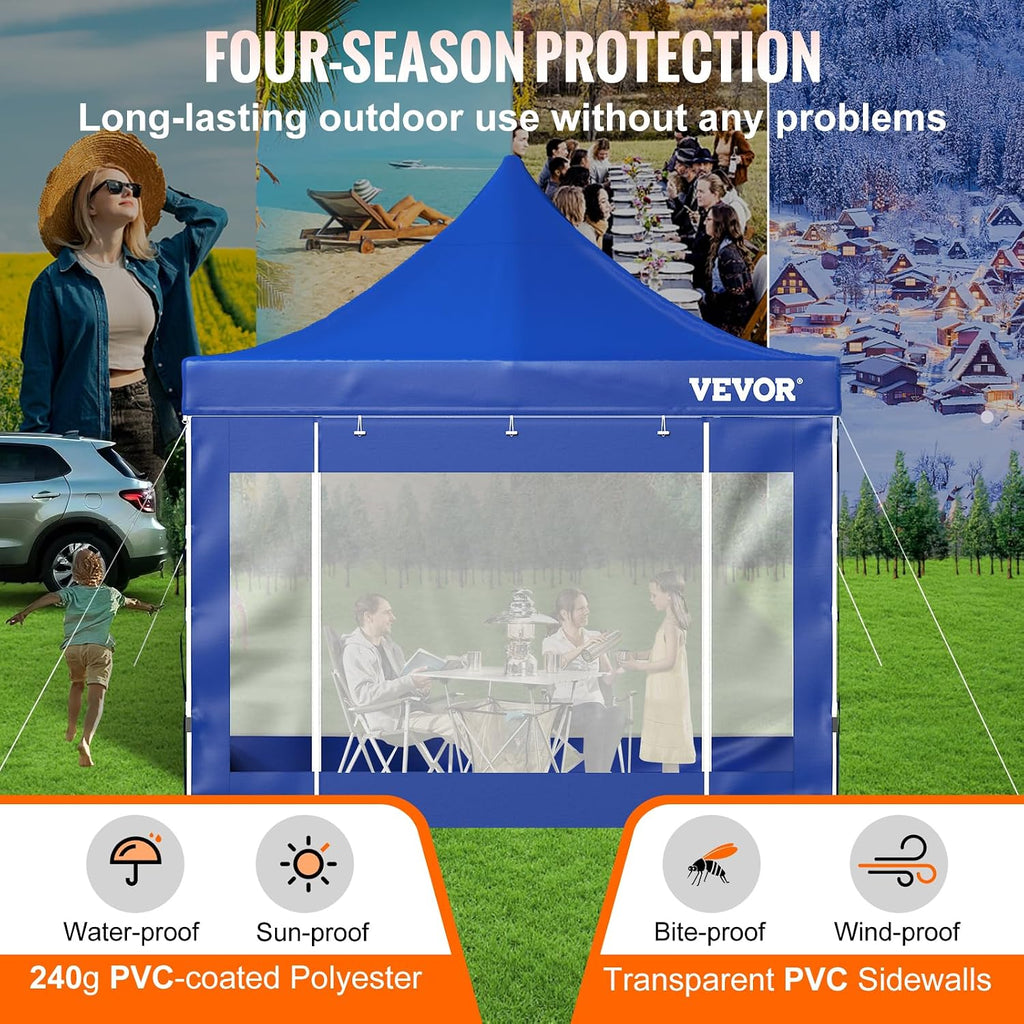 VEVOR 10x10 FT Pop up Canopy with Removable Sidewalls, Waterproof Winter Instant Canopies, Portable Gazebo Tent with Wheeled Bag, UV Resistant Enclosed Canopy for All-Weather Outdoor Events Blue
