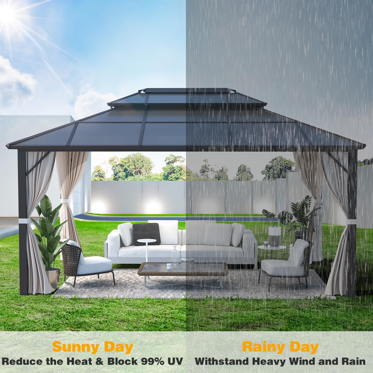 MELLCOM 12x16ft Outdoor Polycarbonate Double Hardtop Roof Gazebo, Aluminum Furniture Gazebo Canopy with Netting and Curtains for Garden, Patio, Lawns, Party and Deck