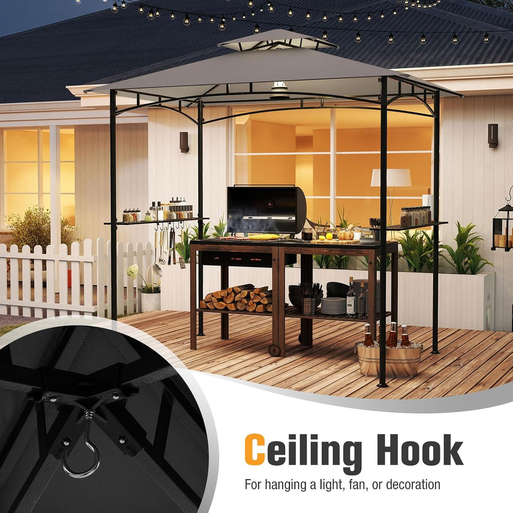 Tangkula 8x5 Ft Grill Gazebo, 2-Tier Barbecue Gazebo with 2 Shelves, 6 Hooks, Metal Frame, Outdoor Grill Canopy for Backyard Garden Poolside (Gray)