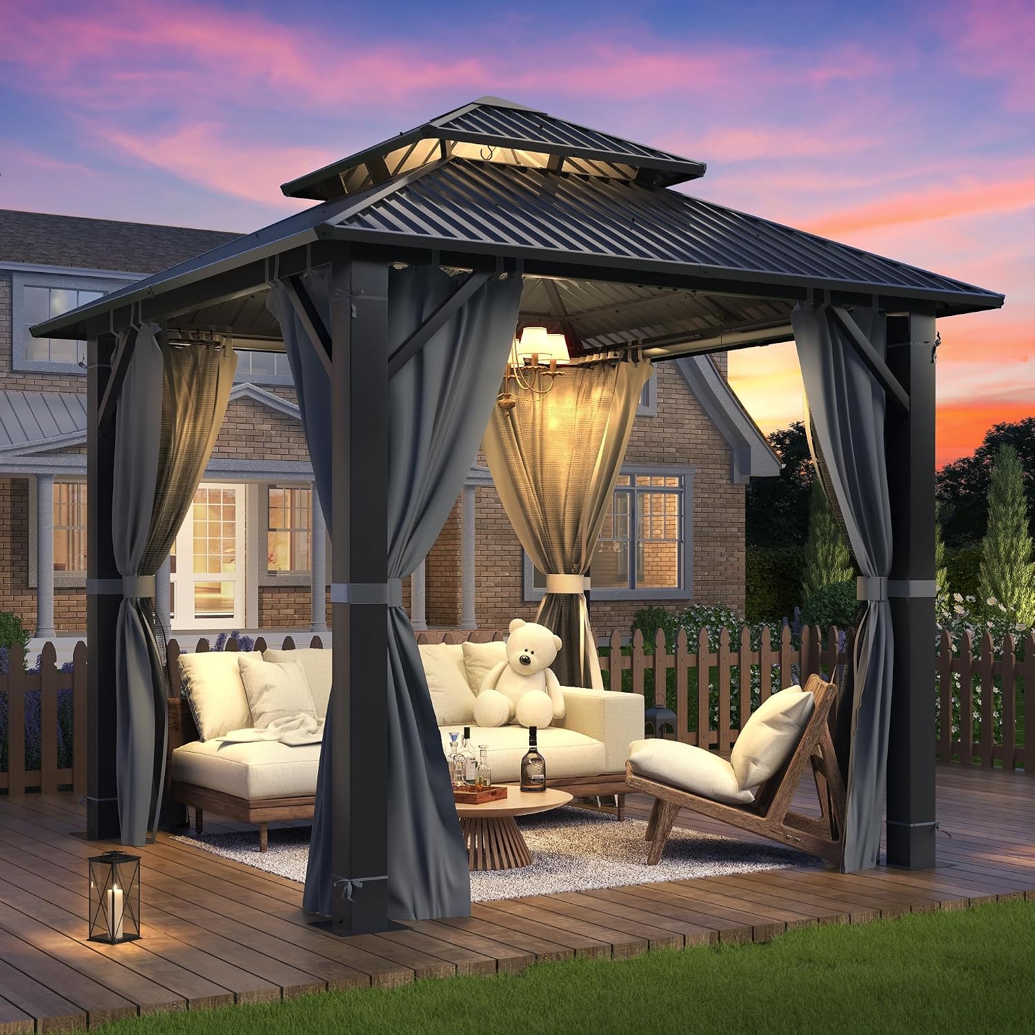 GARTOO 8.5x8.5FT Outdoor Hardtop Gazebo - Aluminum Heavy-Duty Steel Top Gazebo with Breathable Netting & Privacy Curtain, Double Roof Gazebos for Patio, Porch, Garden, Lawn, Deck, Backyard