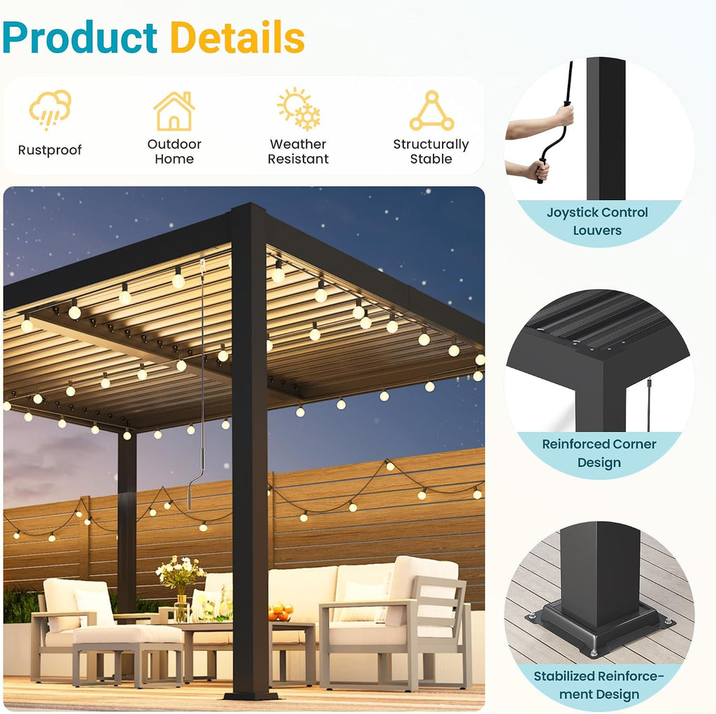 Louvered Pergola, 10' x 12' Outdoor Pergola, Metal Patio Gazebo with Adjustable Louvers Roof and Gutter System, Metal Hardtop Gazebo for Patio, Backyard, Deck, Garden, Dark Gray