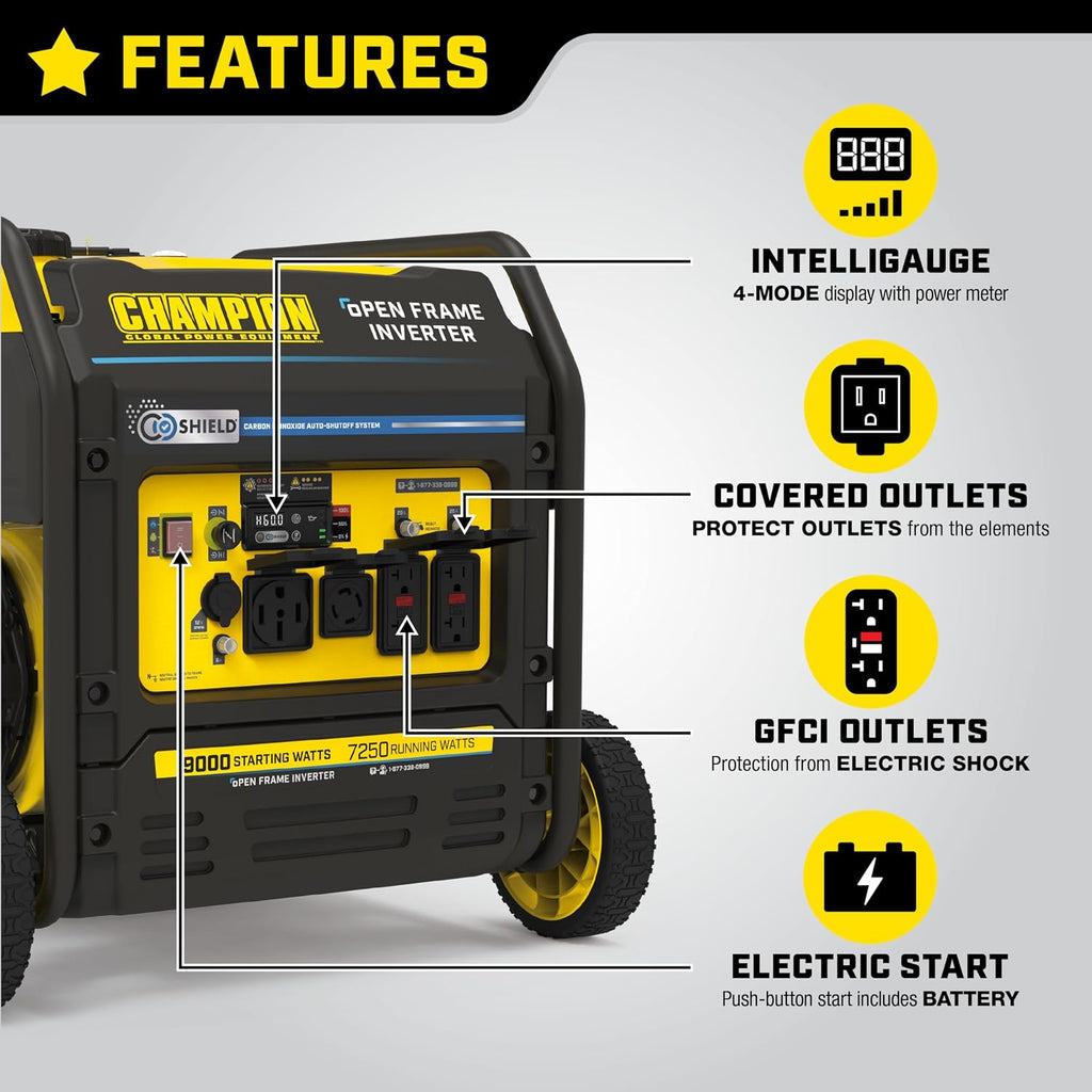 Champion Power Equipment 9000-Watt Electric Start Home Backup Portable Open Frame Inverter Generator with Quiet Technology and CO Shield