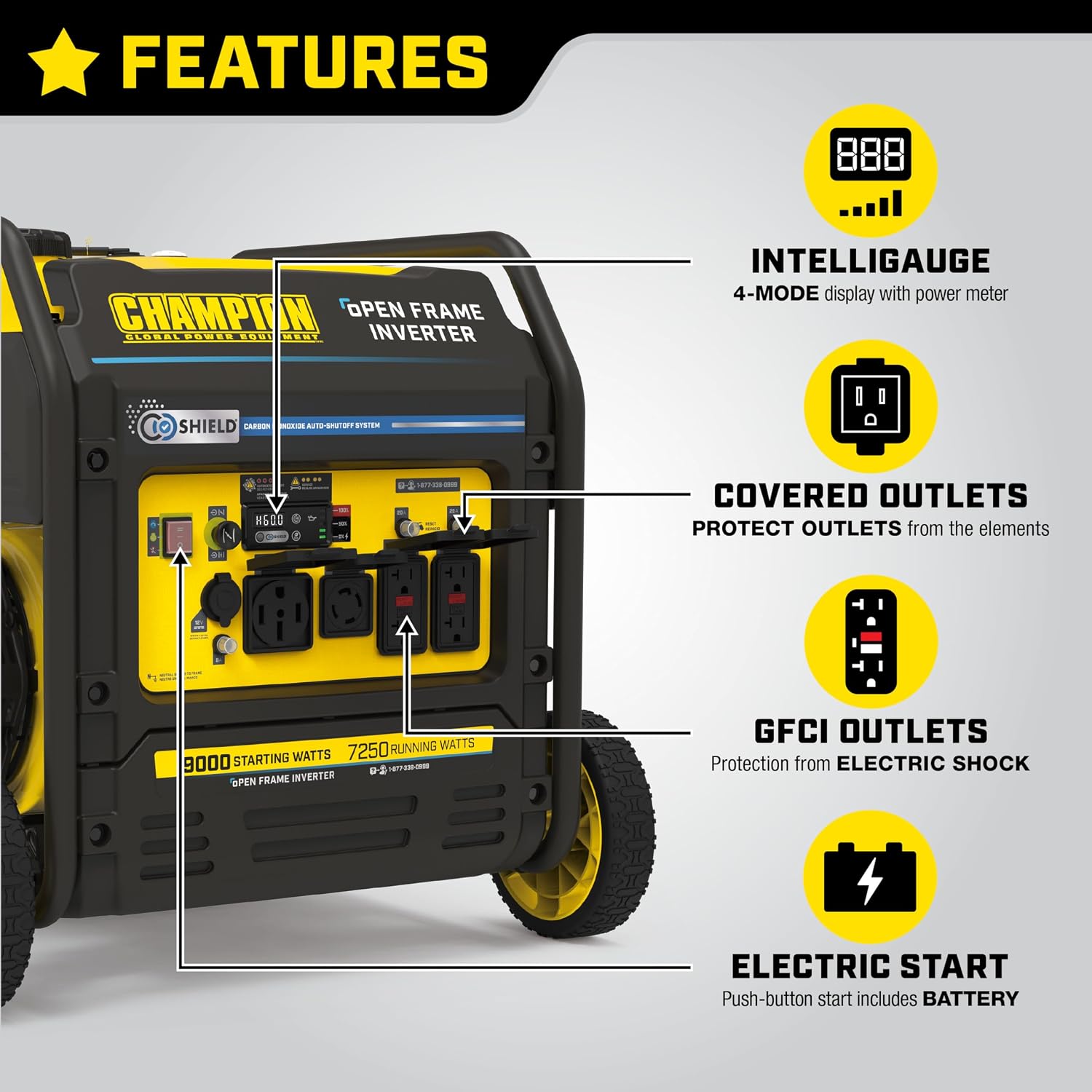 Champion Power Equipment 9000-Watt Electric Start Home Backup Portable Open Frame Inverter Generator with Quiet Technology and CO Shield