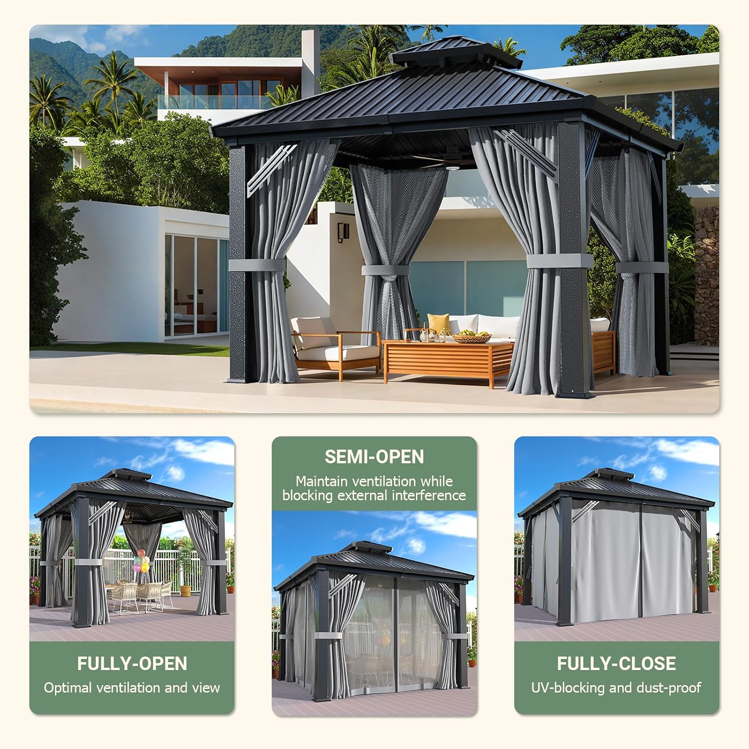 Polar Aurora 10'x10' Outdoor Gazebo Hardtop Grill Gazebo Aluminum Galvanized Steel Double Roof Outdoor Pergola Include Curtain and Netting for Backyard, Patio, Lawn