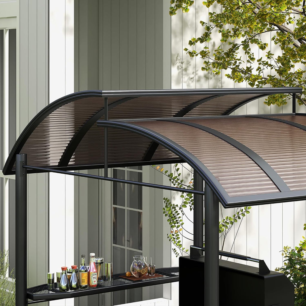 Outsunny 8' x 5' Grill Gazebo Shelter with Interlaced Vented Polycarbonate Roof, Outdoor BBQ Canopy with Side Shelves, Steel Frame for Garden, Patio, Backyard, Dark Gray