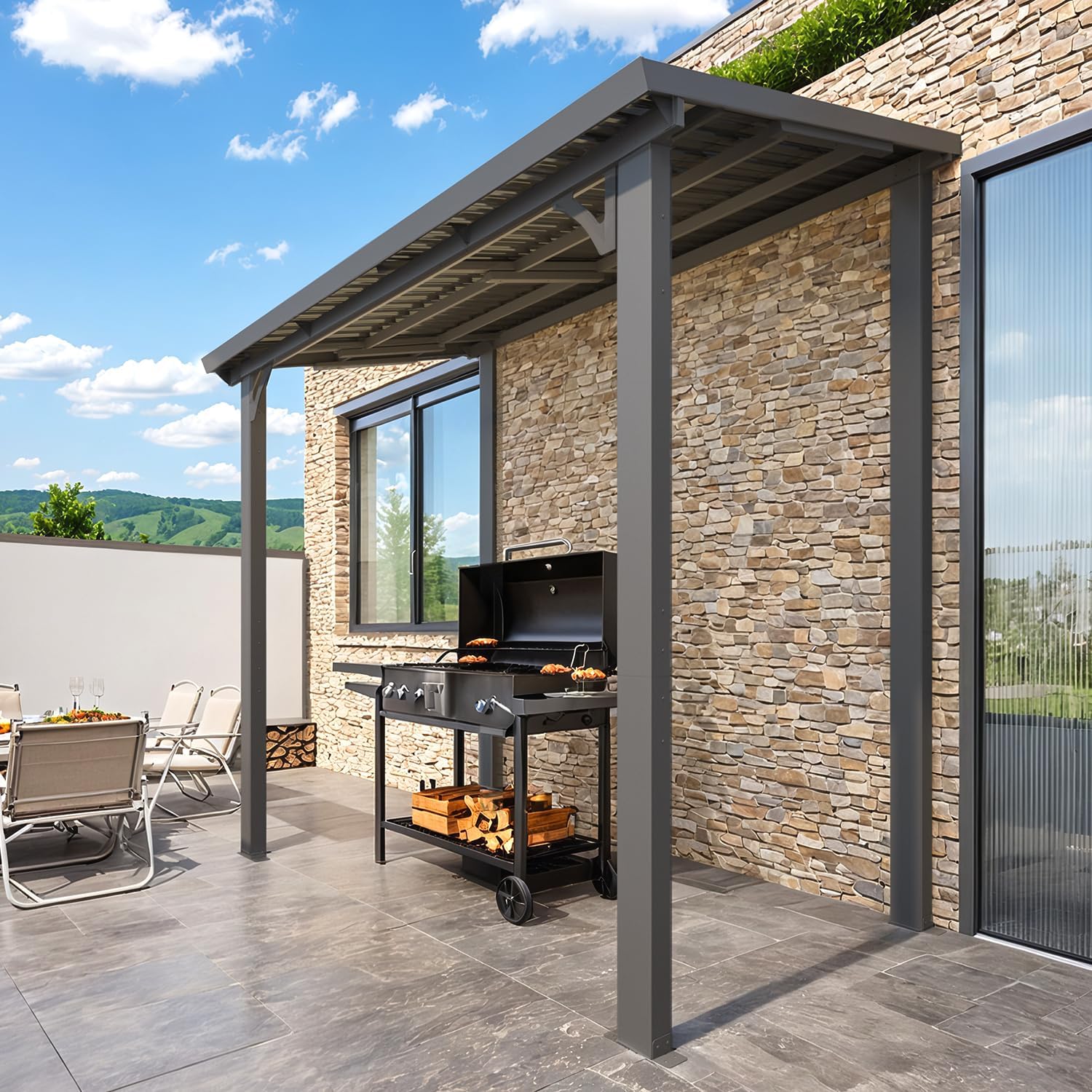 AECOJOY 8' x 5' Hardtop Grill Gazebo Outdoor Pergola, Small Heavy Duty Lean to Metal Pergolas and Gazebos Clearance, Wall-Mounted Grill Gazebo Galvanized Steel Patio Roof Awnings for Patio, Decks