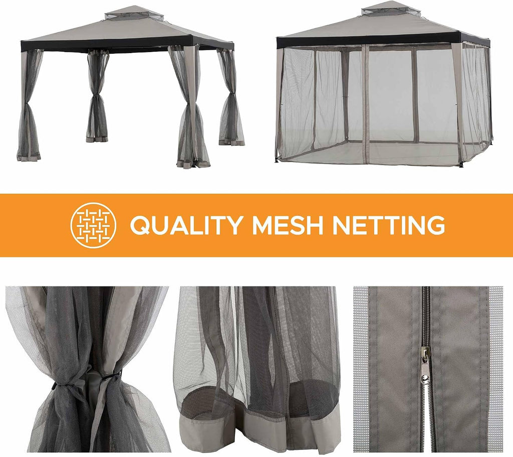 Sunjoy 10 x 10 ft. Soft Top Gazebo, Outdoor Patio Backyard Modern Grey 2-Tier Steel Frame Gazebo with Mesh Netting