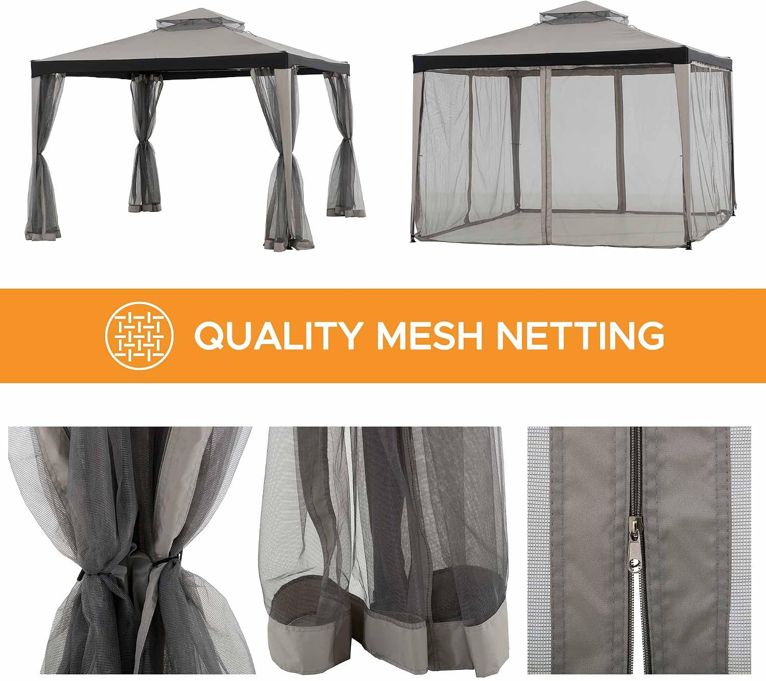 Sunjoy 10 x 10 ft. Soft Top Gazebo, Outdoor Patio Backyard Modern Grey 2-Tier Steel Frame Gazebo with Mesh Netting