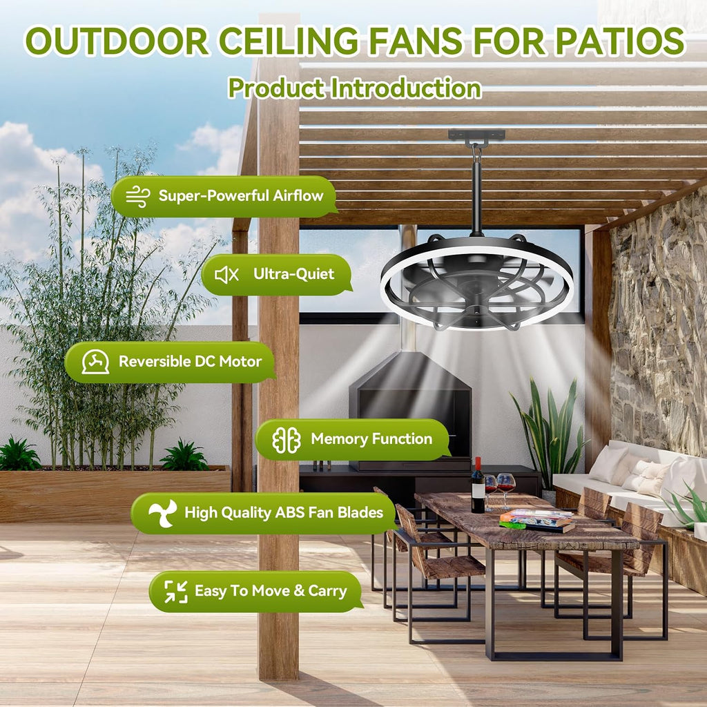 Outdoor Ceiling Fans with Lights for Patios Waterproof, 20' Gazebo Fan Outdoor Hanging & Hook-3CCT Dimmable LED,Black Plug in Caged Ceiling Fan with Light & Remote for Outside Porch, Pergola