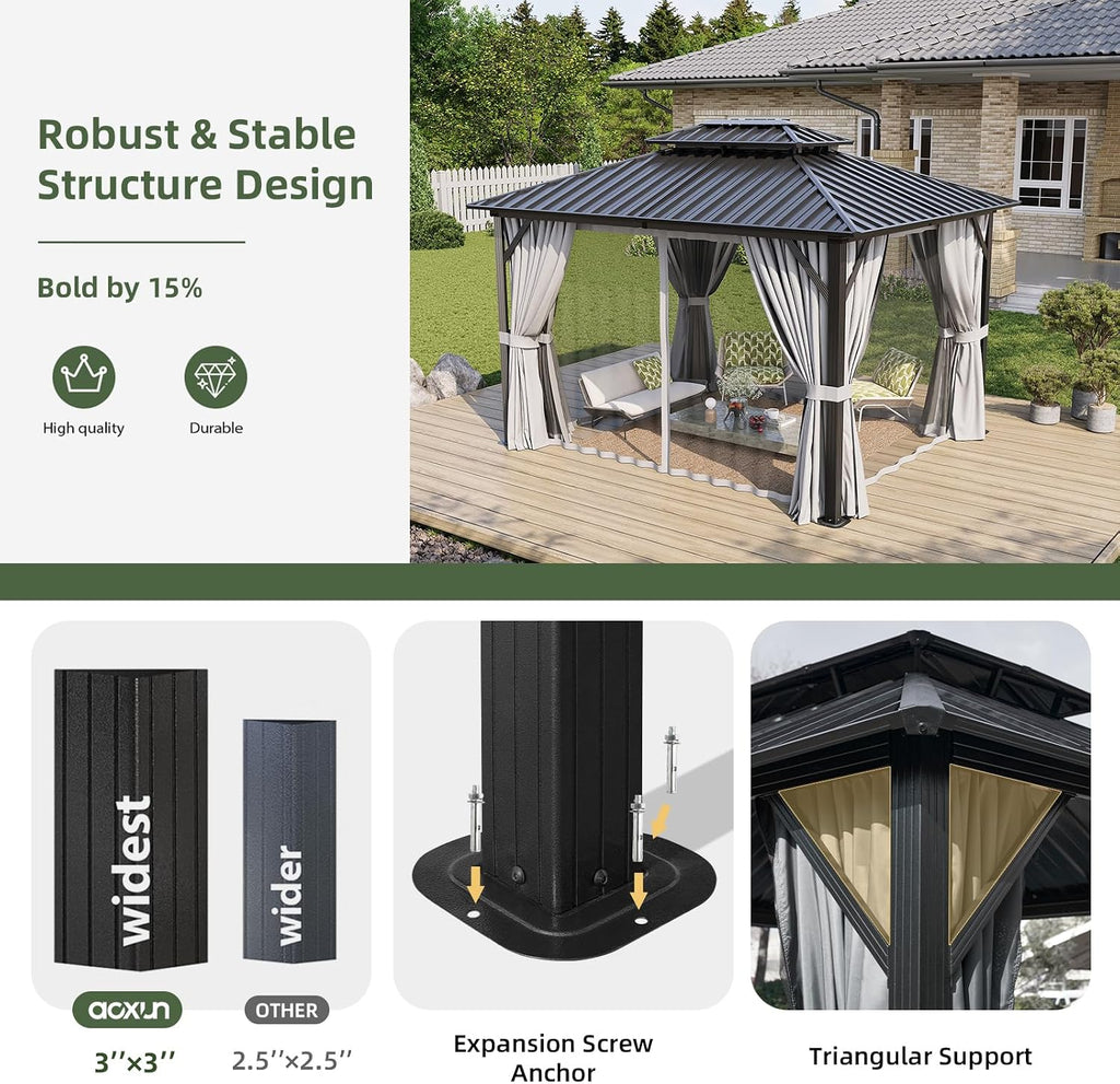 Aoxun 10'x12' Hardtop Gazebo, Permanent Metal Pavilion with Galvanized Steel Double Roof, Outdoor Pergola with Nettings and Curtains for Lawn, Garden, Patio (Gray)