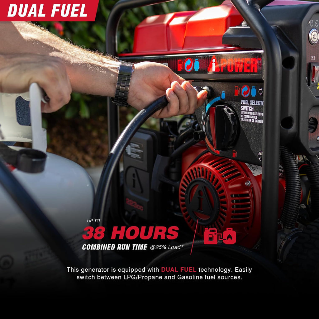 A-iPower 5000-Watt Portable Generator Gas & Propane, CO Sensor Shutdown, Heavy Duty Generators with 223cc OHV Engine For Jobsite, RV, Home Backup, Emergency (GXS5000D)